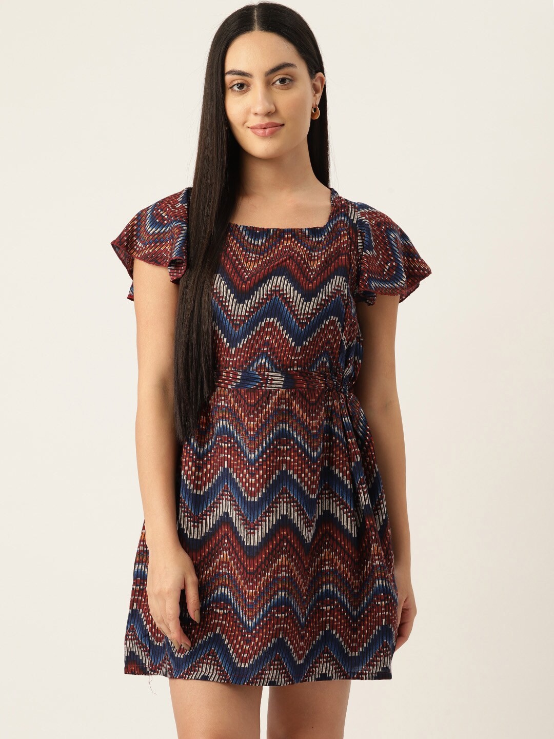 

BAESD Geometric Printed Square Neck Flared Sleeve Crepe A-Line Midi Dress, Red