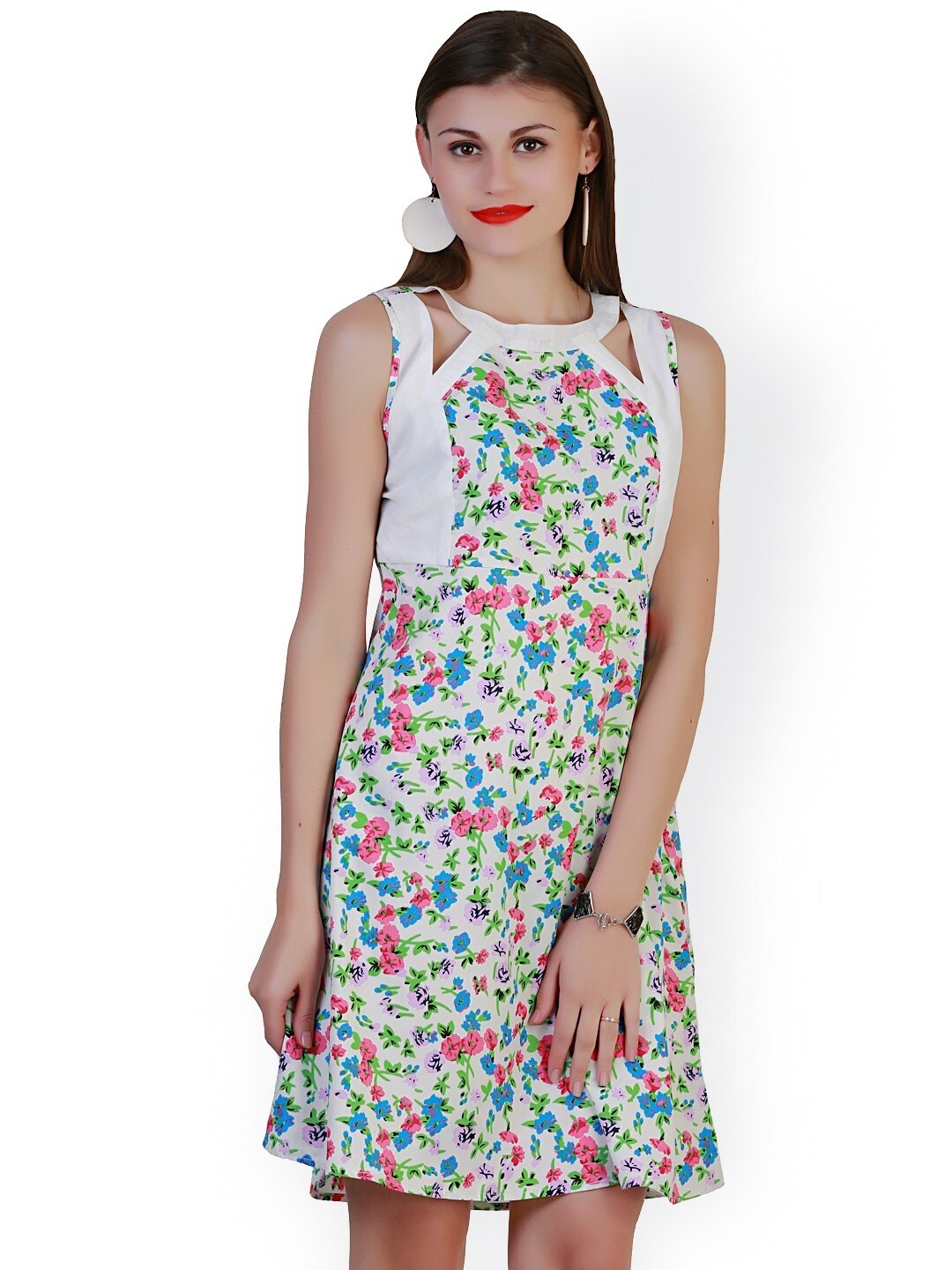 

BAESD Floral Printed Cut-Out Detailed Sleeveless Crepe A-Line Dress, White