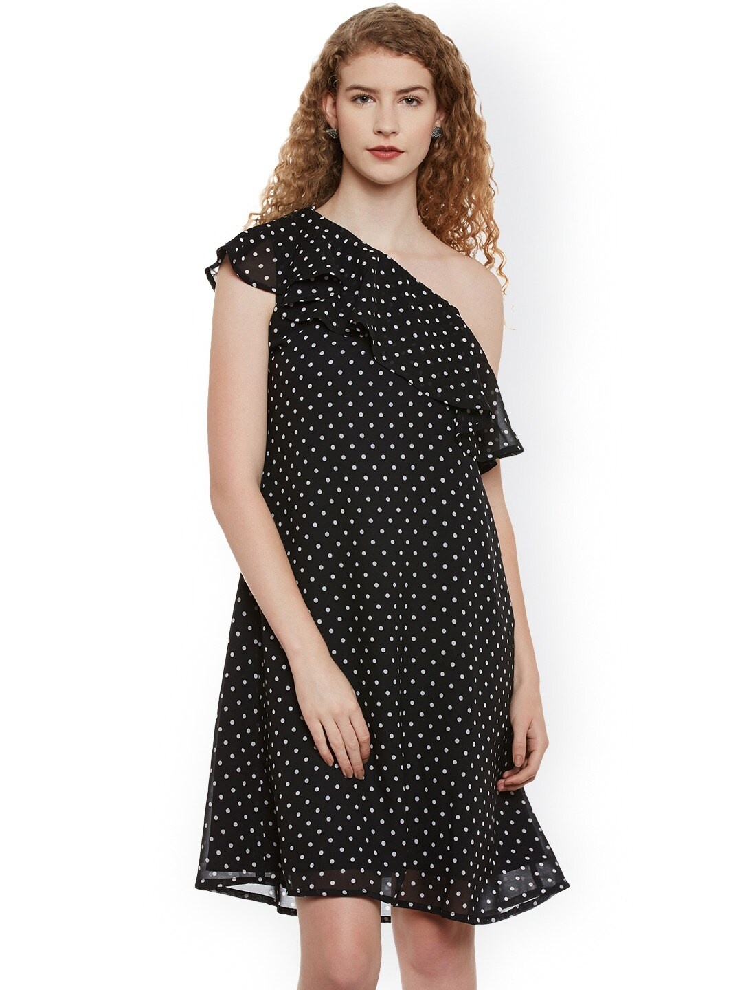 

BAESD Polka Dot Printed One Shoulder Georgette A-Line Mini Dress, Black