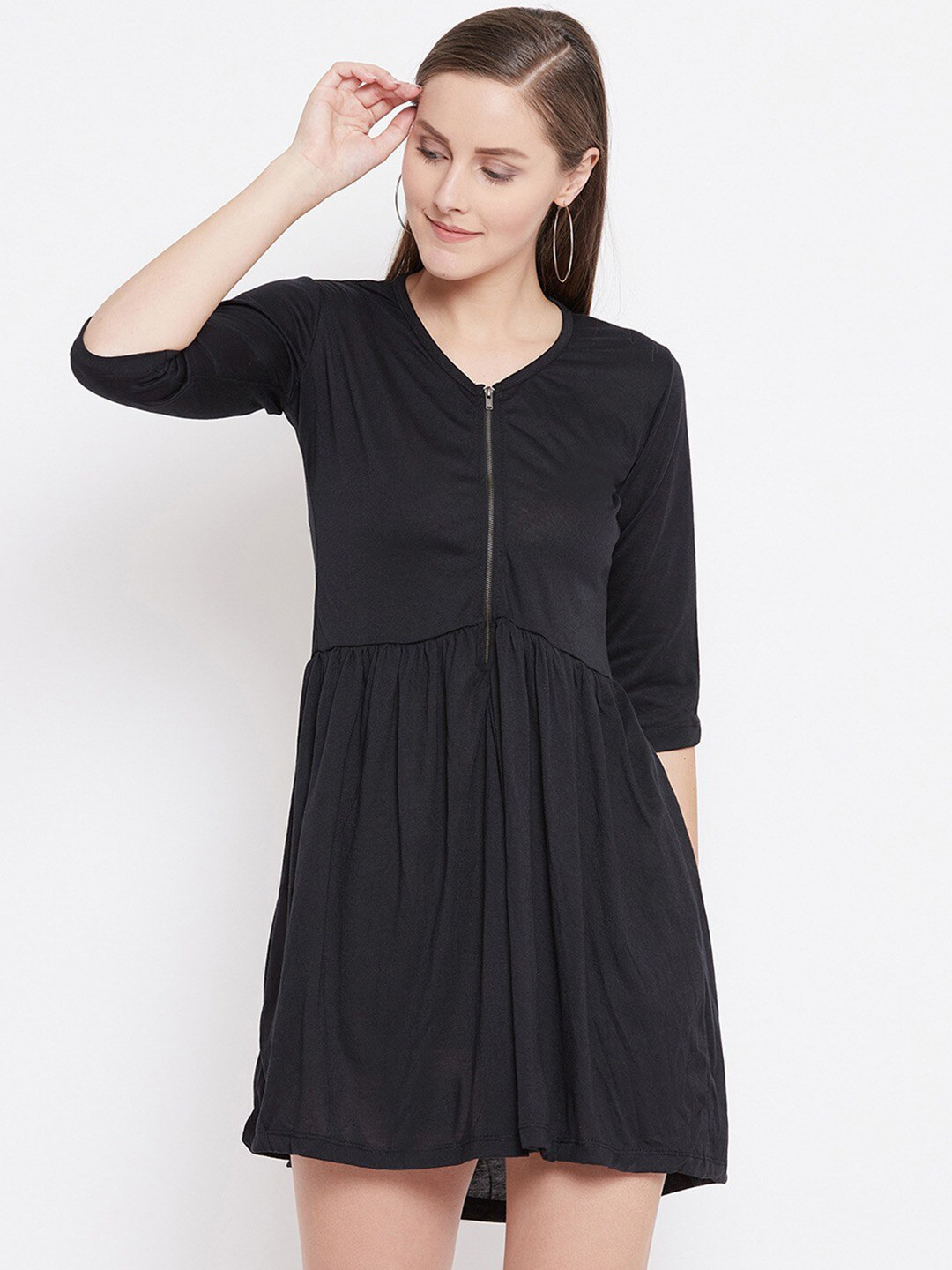 

BAESD V-Neck Gathered A-Line Cotton Mini Dress, Black