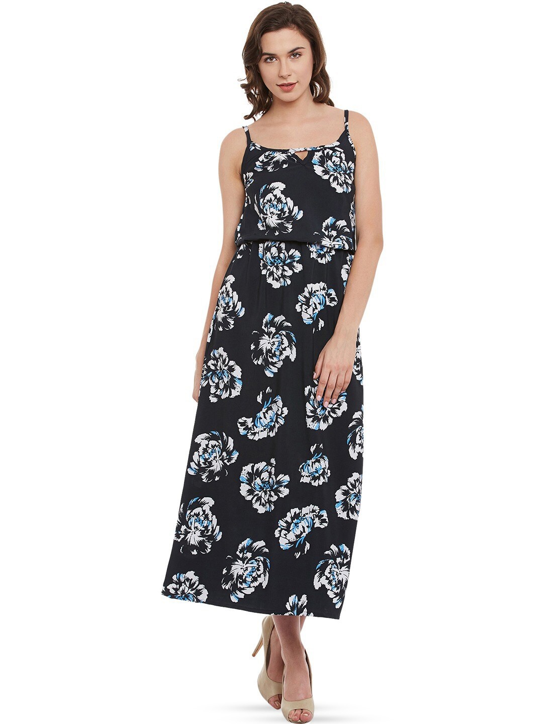 

BAESD Floral Printed Crepe Shoulder Straps Sleeveless A-Line Maxi Dress, Black