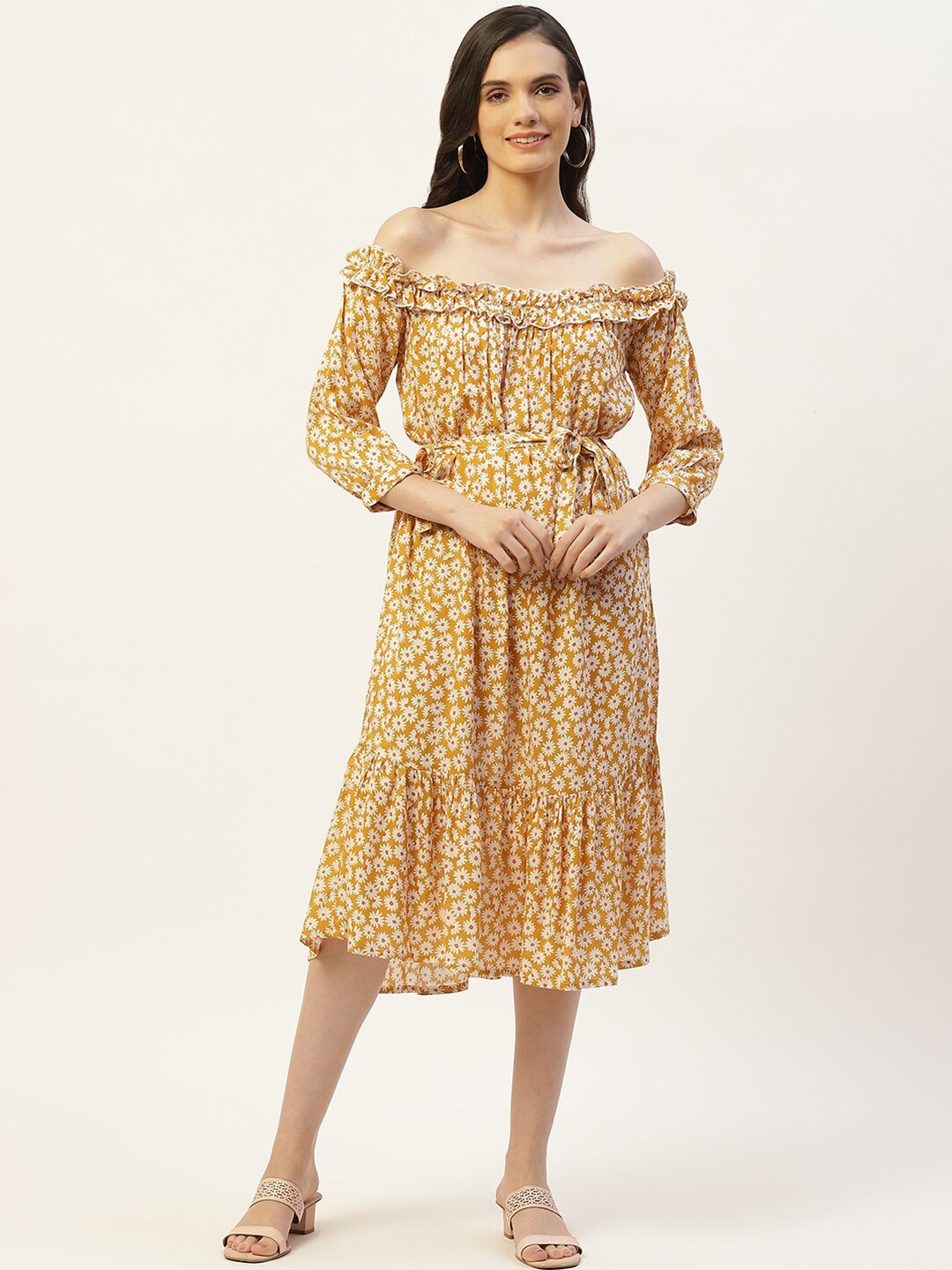 

BAESD Floral Printed Off-Shoulder A-Line Midi Dress, Yellow