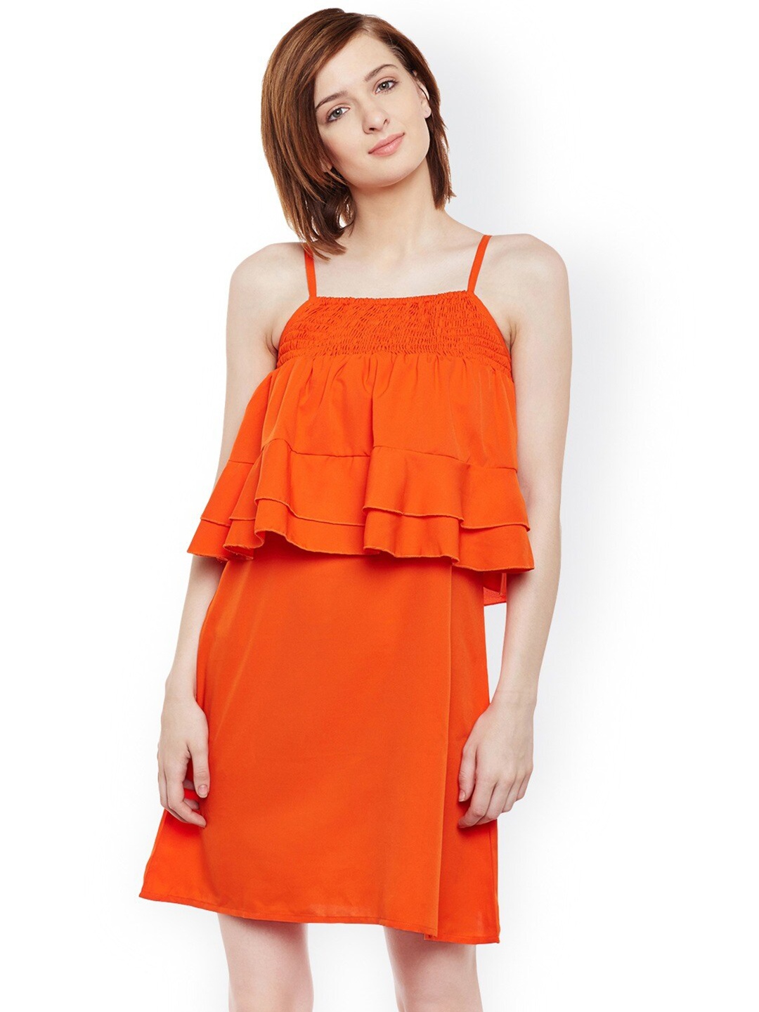 

BAESD Shoulder Straps Smocked Crepe A-Line Mini Dress, Orange