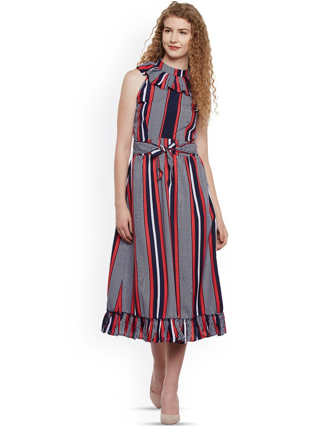 

BAESD Striped High Neck Ruffled Fit & Flare Midi Dress, Navy blue