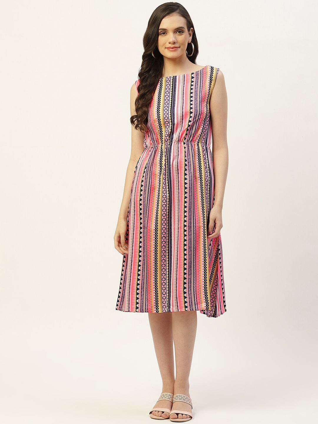 

BAESD Geometric Printed Gathered A-Line Midi Dress, White