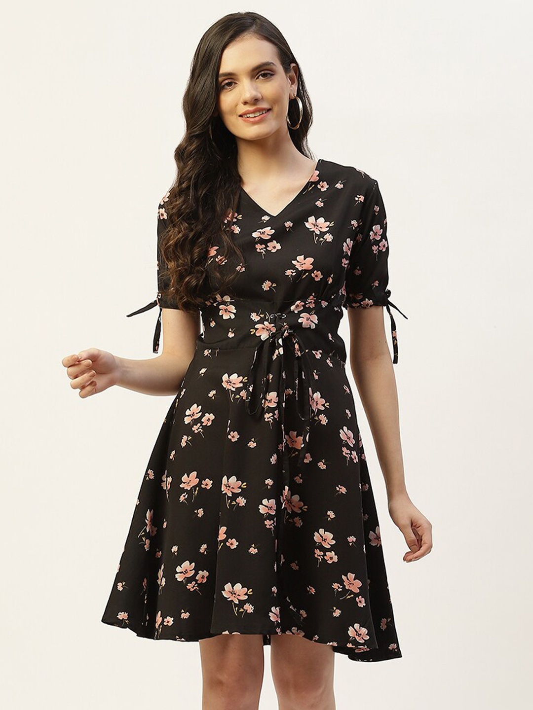 

BAESD Floral Printed V-Neck Puff Sleeves Fit & Flare Dress, Black