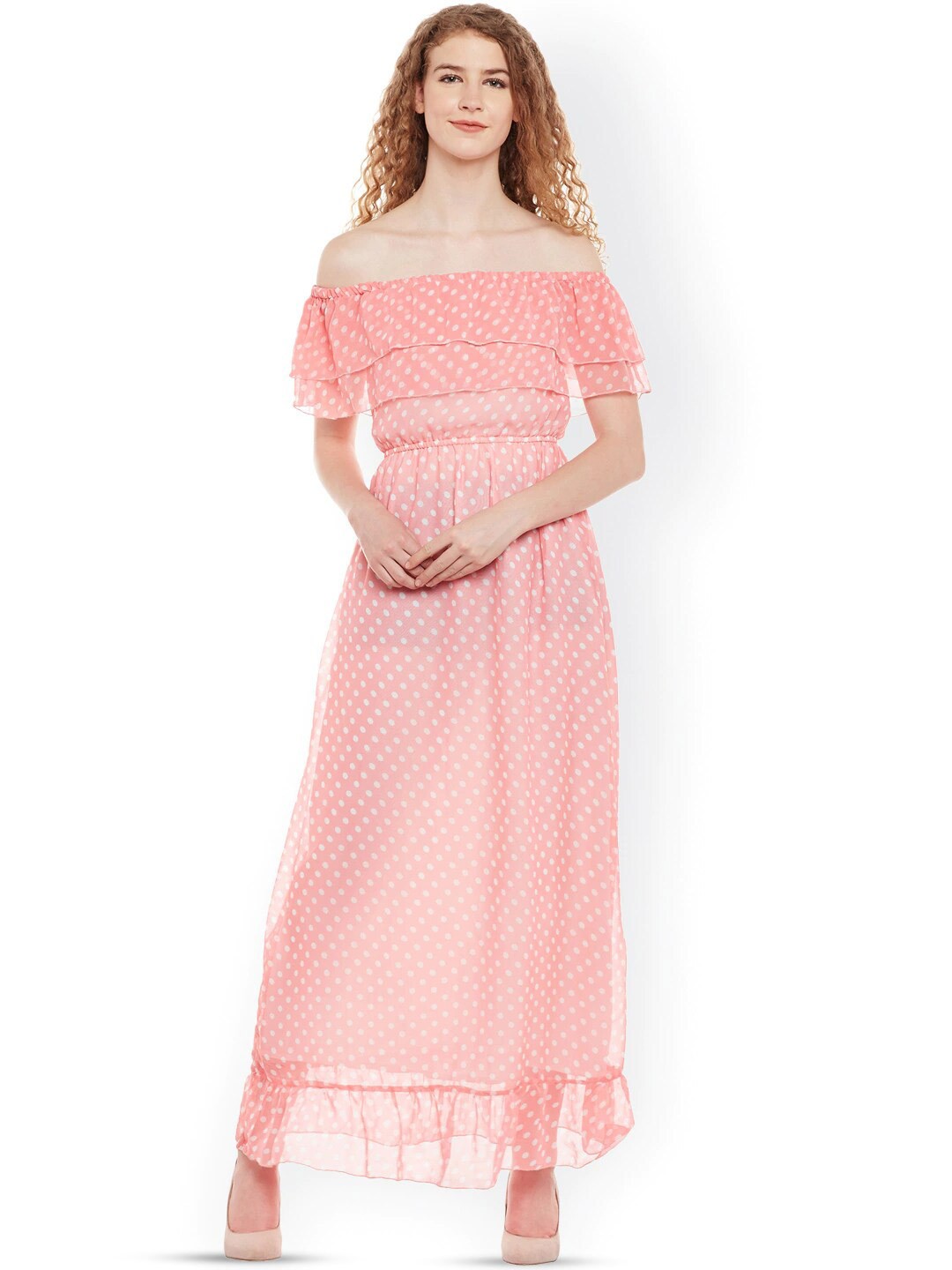 

BAESD Polka Dots Printed Off-Shoulder Flared Sleeves Ruffled Georgette Maxi Dress, Pink