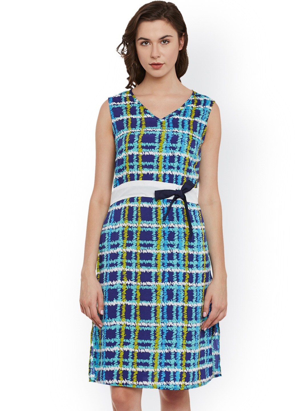 

BAESD Checked V-Neck Sleeveless Crepe A-Line Dress, Blue