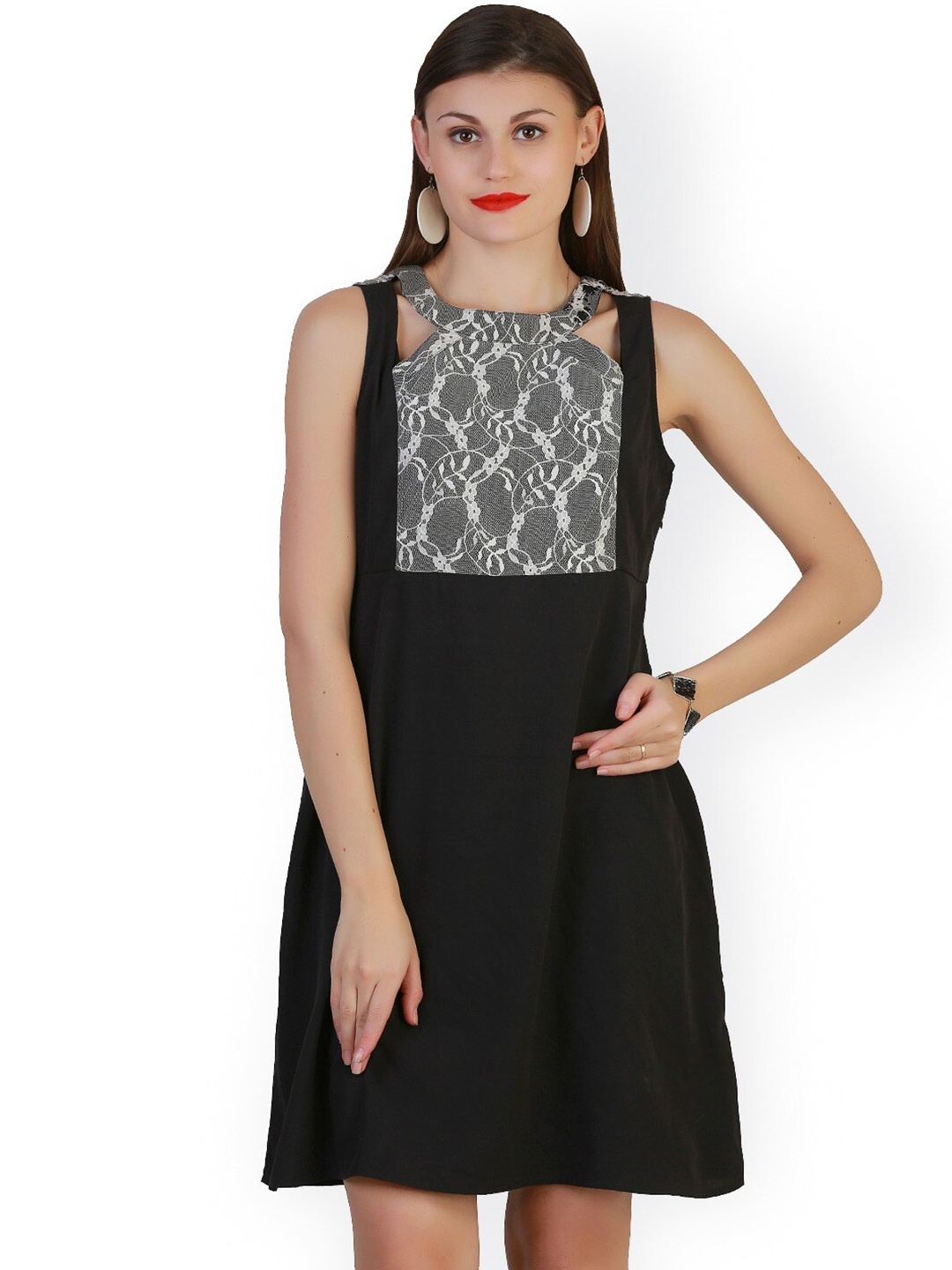 

BAESD Round Neck Lace Inserts A-Line Dress, Black
