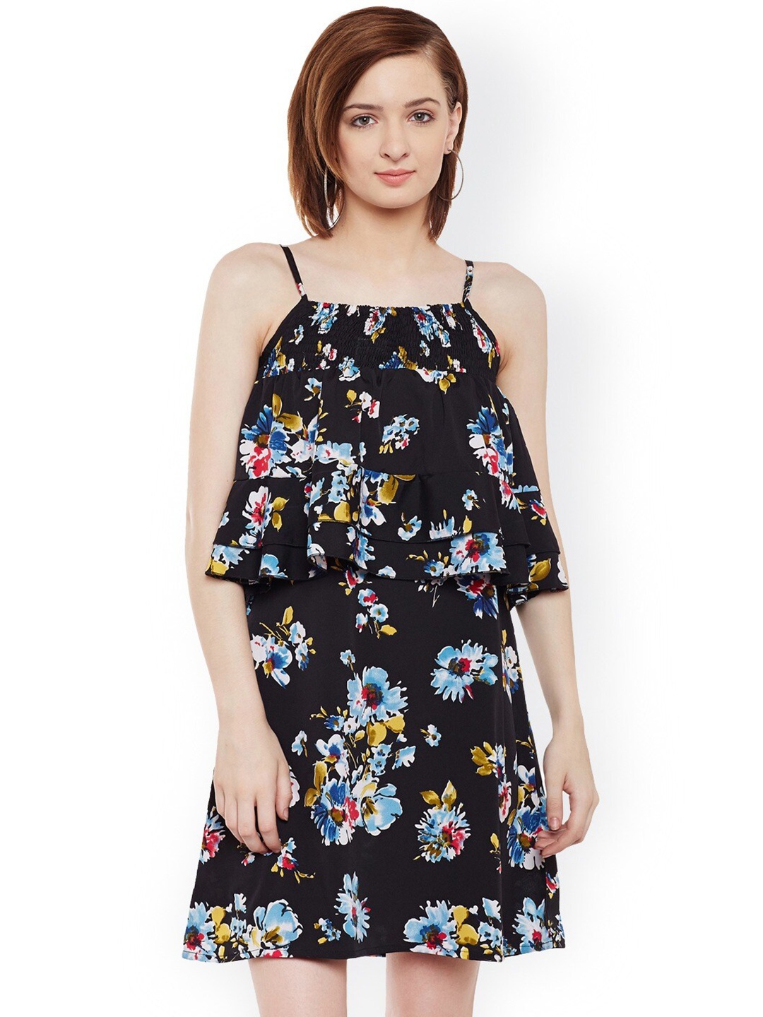 

BAESD Floral Printed Tiered Shoulder Strapped Crepe A-Line Mini Dress, Black