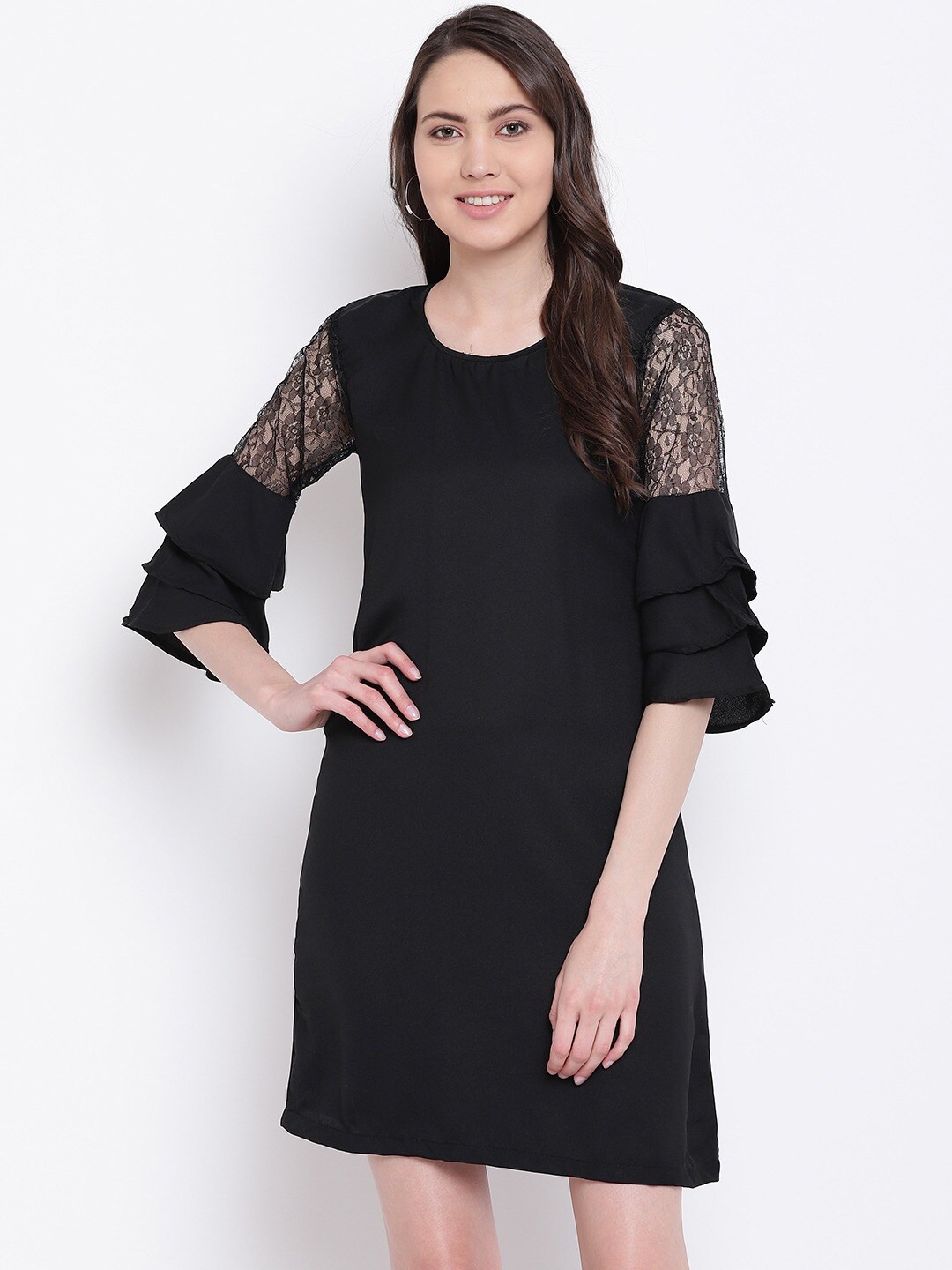 

BAESD Self Design Bell Sleeves Gathered A-Line Mini Dress, Black