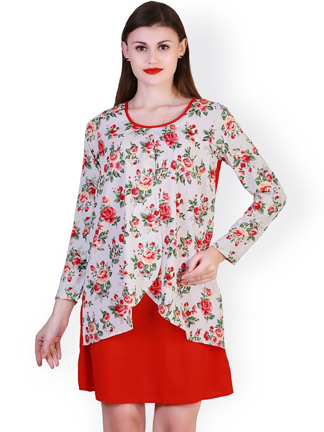 

BAESD Floral Printed Round Neck Long Sleeves A-Line Dress, Red