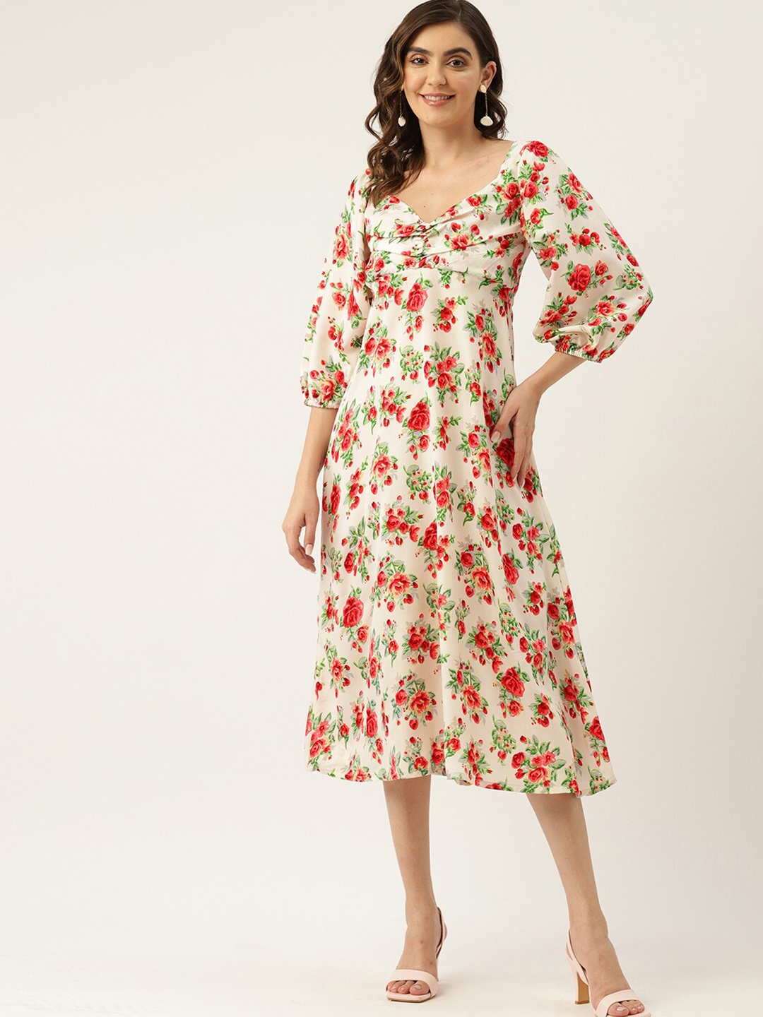 

BAESD Floral Printed V-Neck Puff Sleeves A-Line Midi Dress, Cream