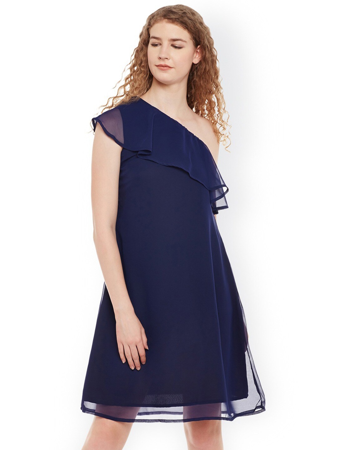 

BAESD One Shoulder Neck Georgette A Line Dress, Navy blue