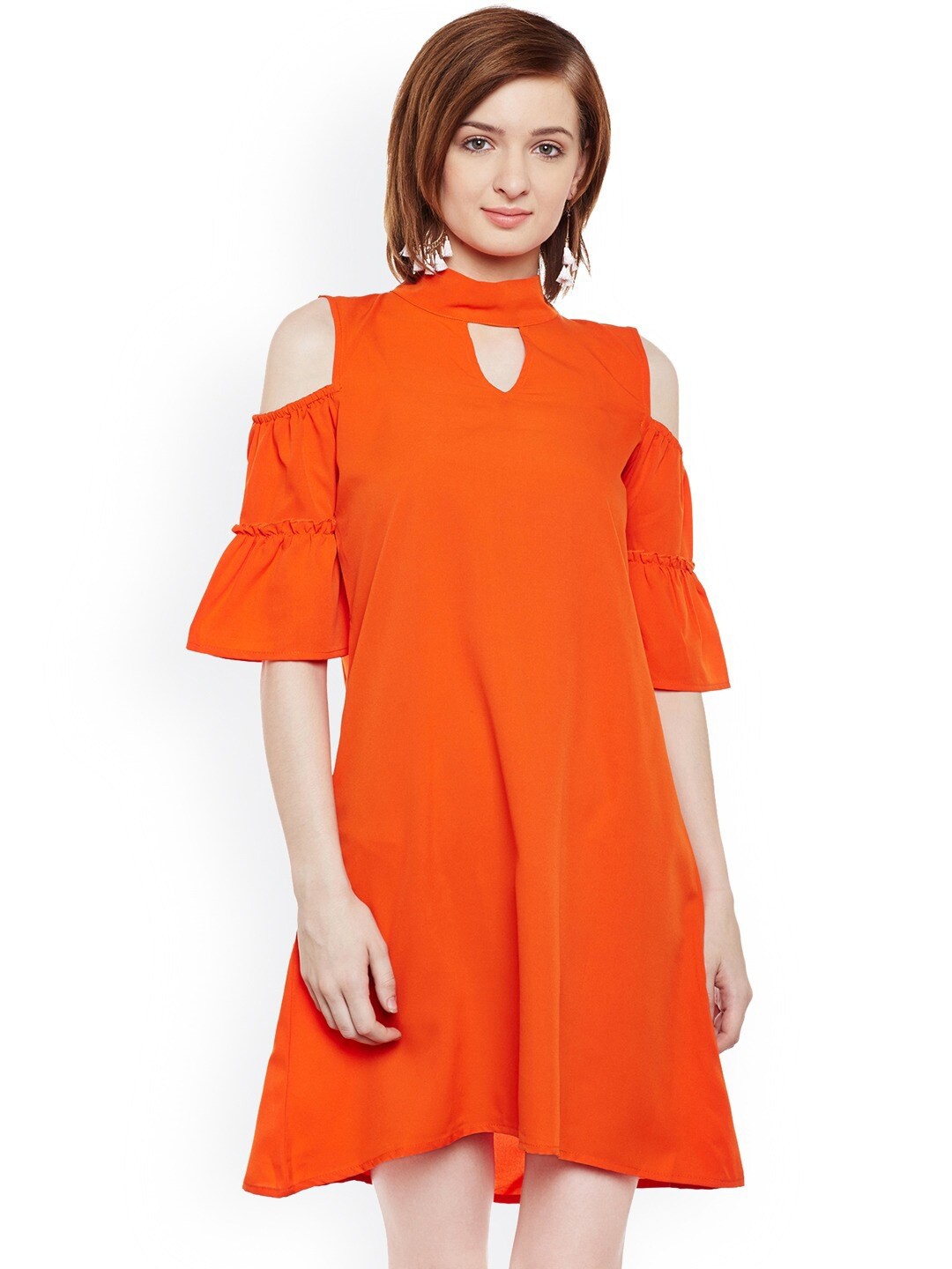 

BAESD Orange Halter Neck Cold-Shoulder Sleeves A-Line Mini Dress