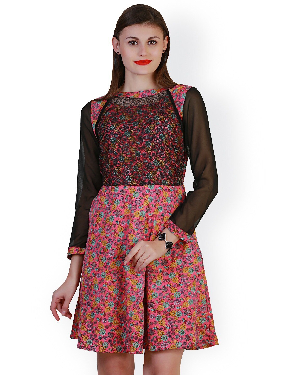 

BAESD Floral Printed Lace-Up Detail A-Line Dress, Pink