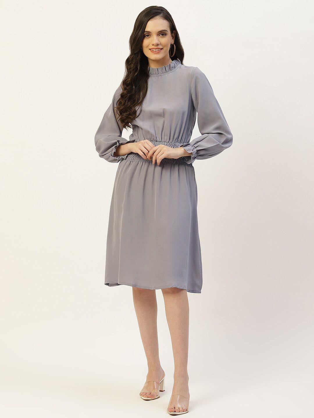 

BAESD High Neck Puff Sleeevs Smocked Detail A-Line Dress, Grey