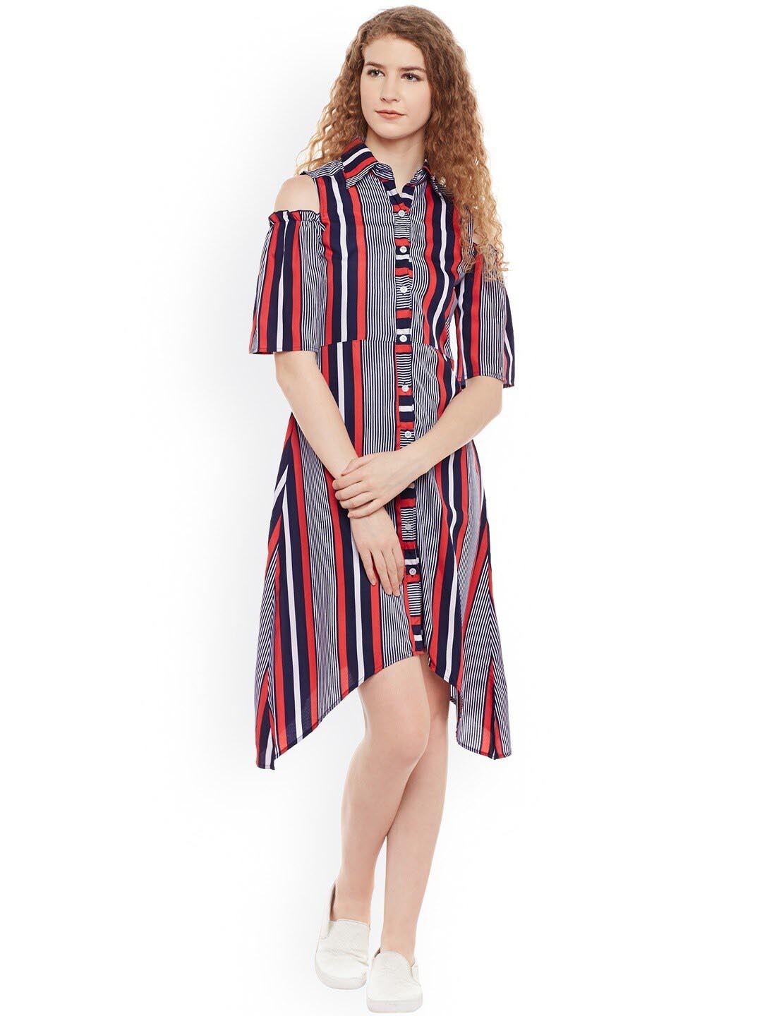 

BAESD Striped Cold-Shoulder Sleeves Asymmetric Shirt Dress, Red