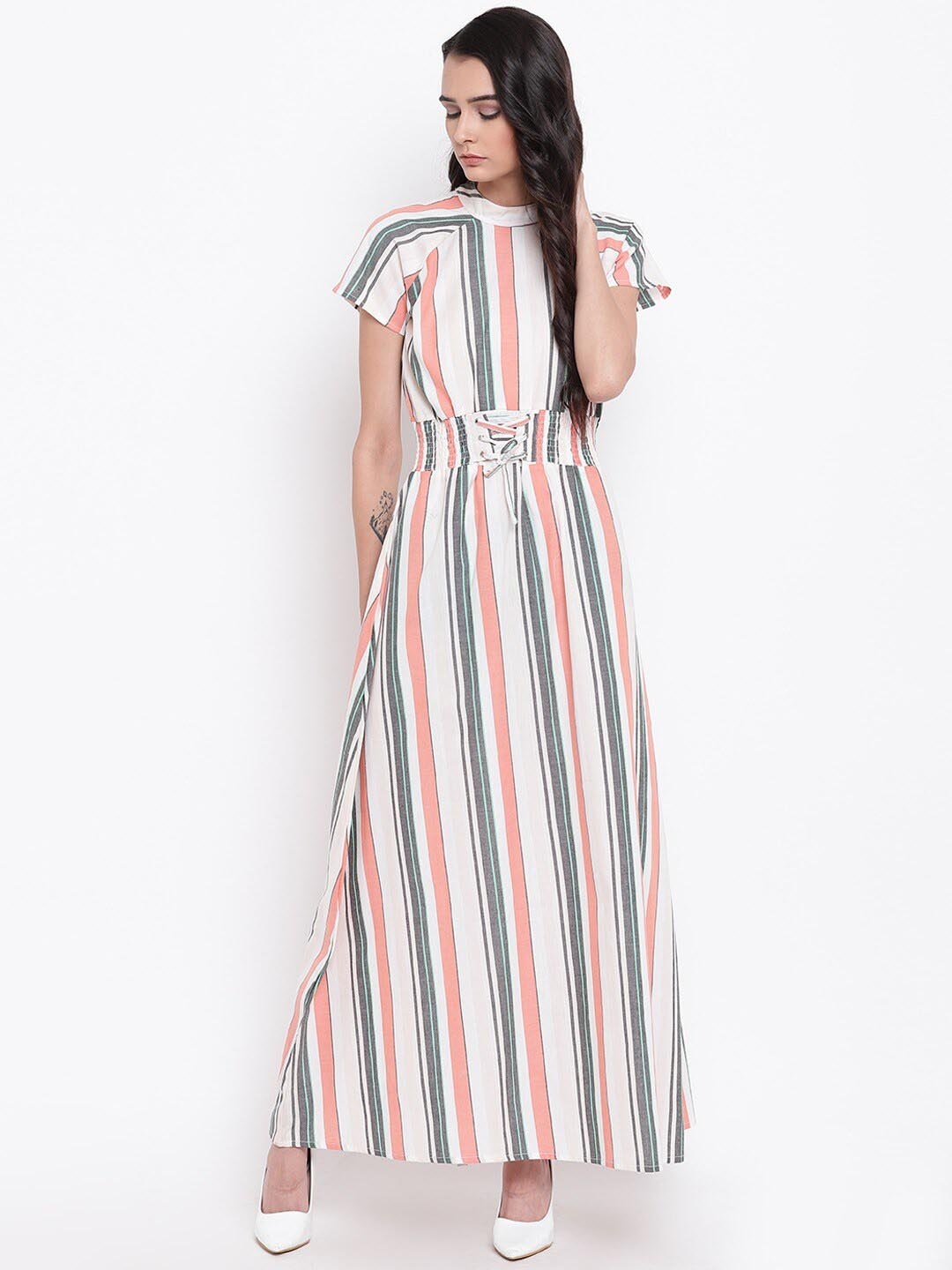 

BAESD Striped High Neck Cotton Smocked Tie Up Maxi Dress, Off white