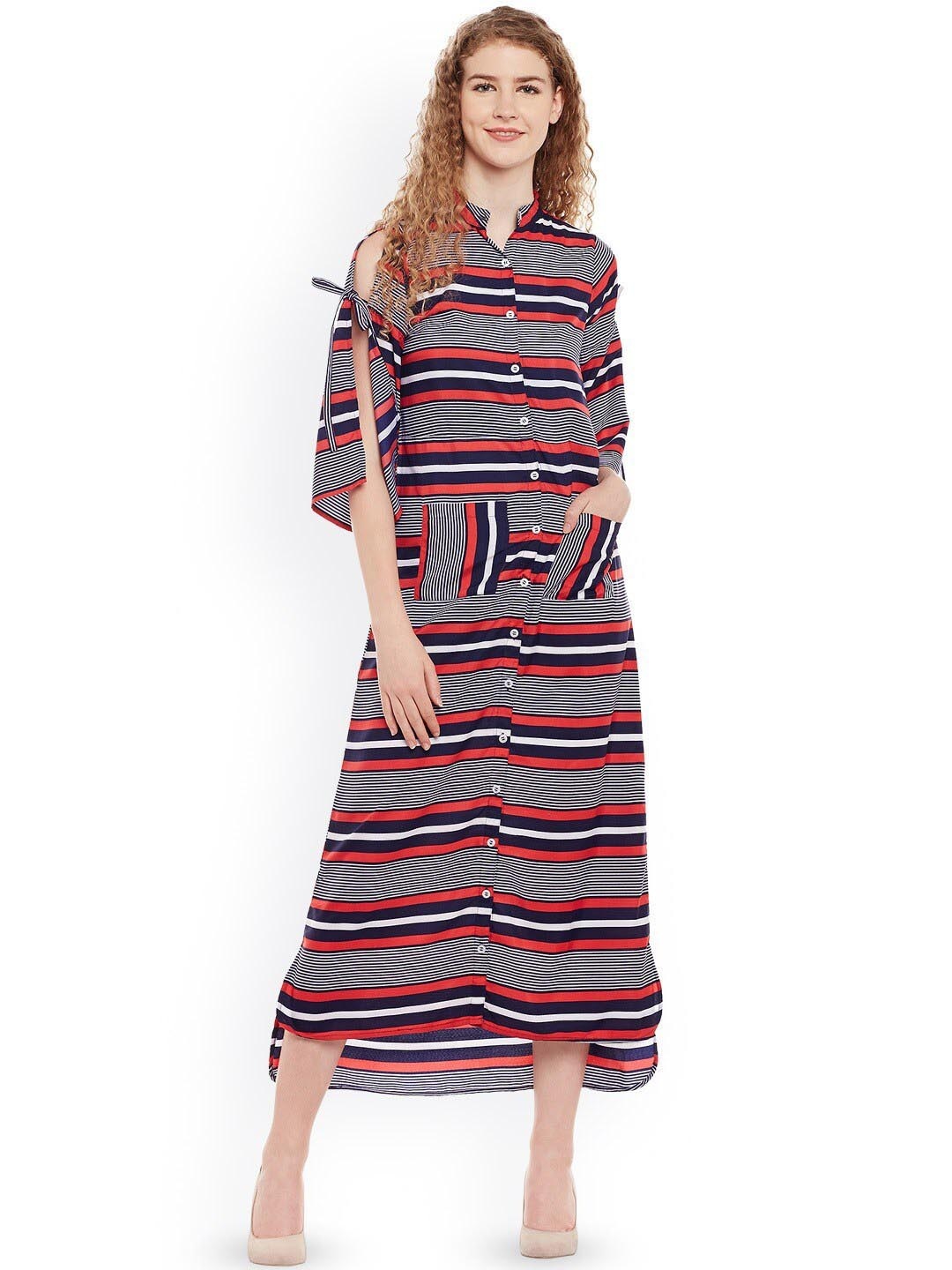 

BAESD Striped Mandarin Collar Crepe High-Low Shirt Midi Dress, Red