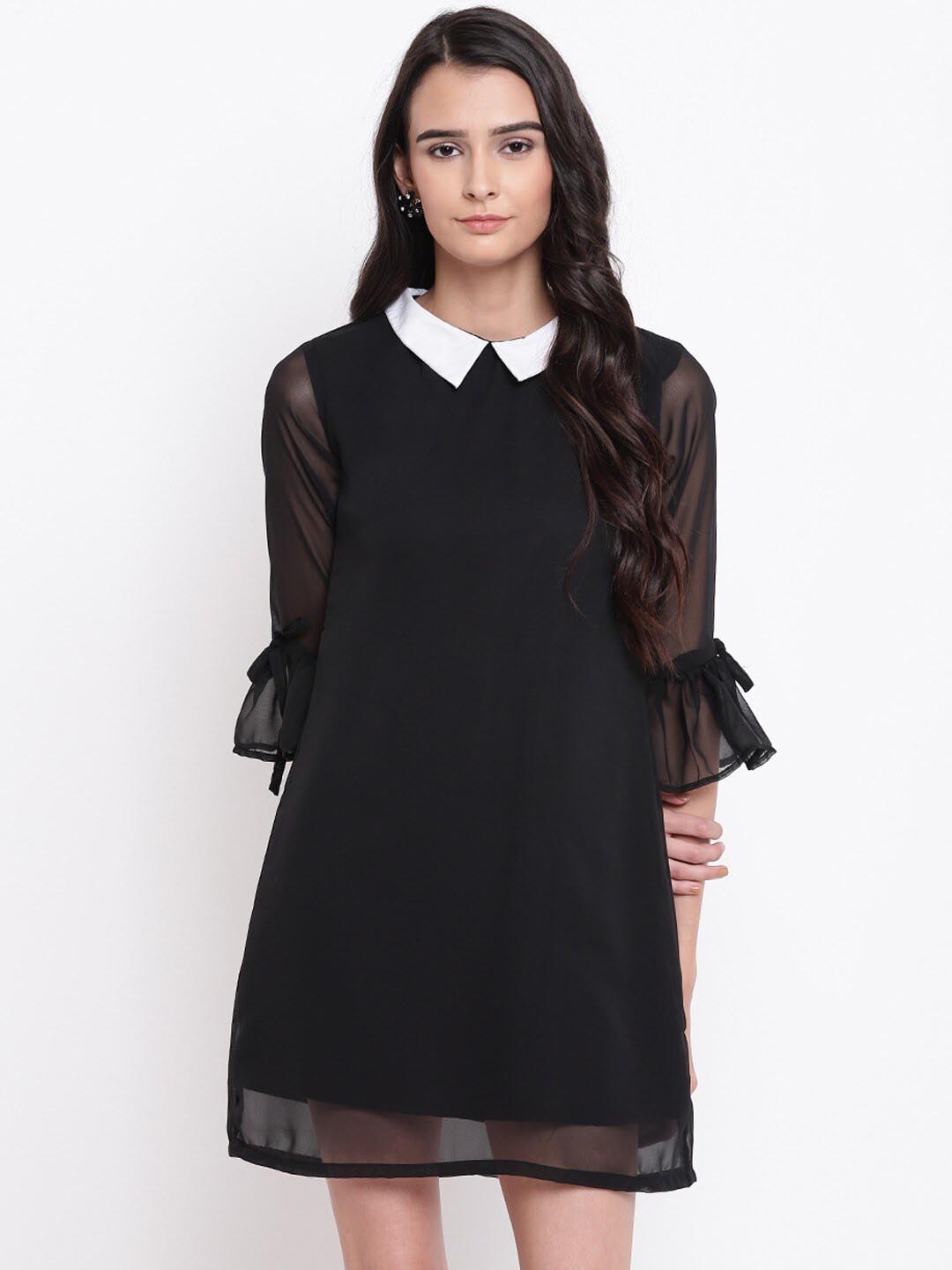 

BAESD Peter Pan Collar Bell Sleeves Georgette A-Line Mini Dress, Black