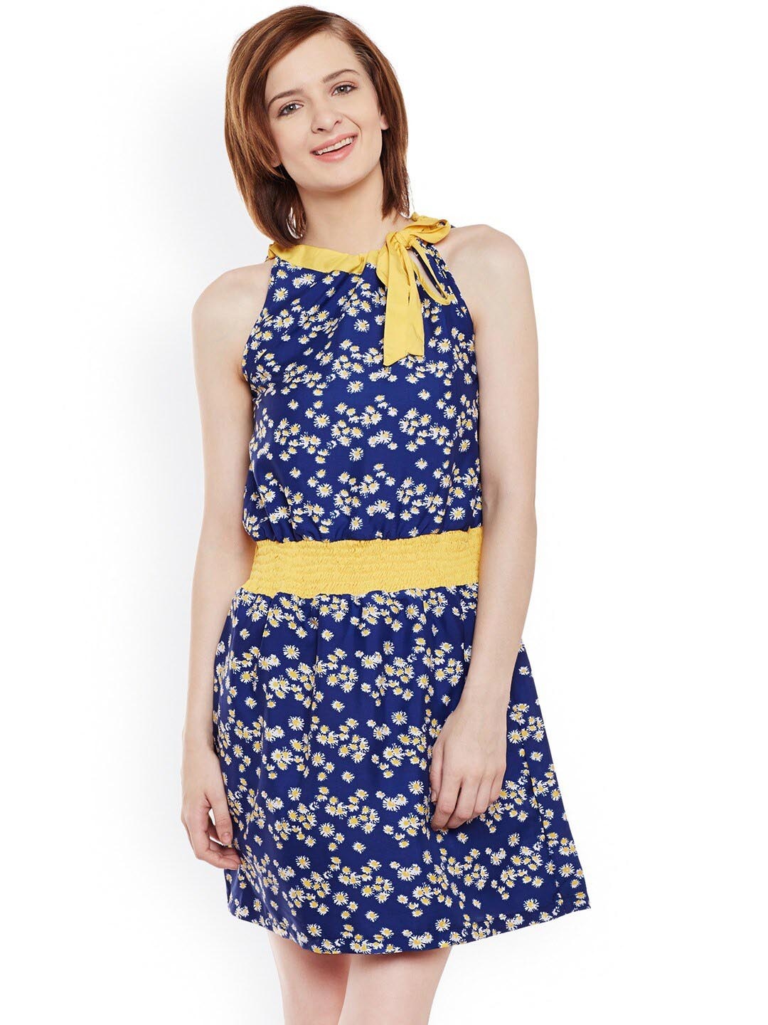 

BAESD Floral Printed Halter Neck Smocked Blouson Dress, Blue