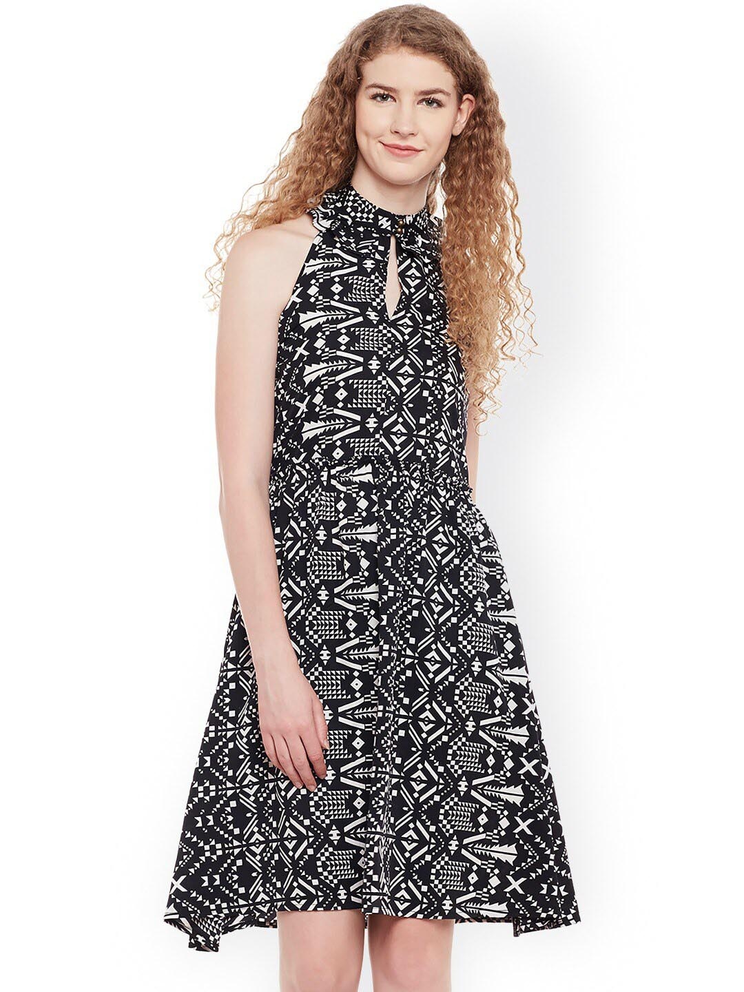 

BAESD Printed Halter Neck Crepe A-line Dress, Black