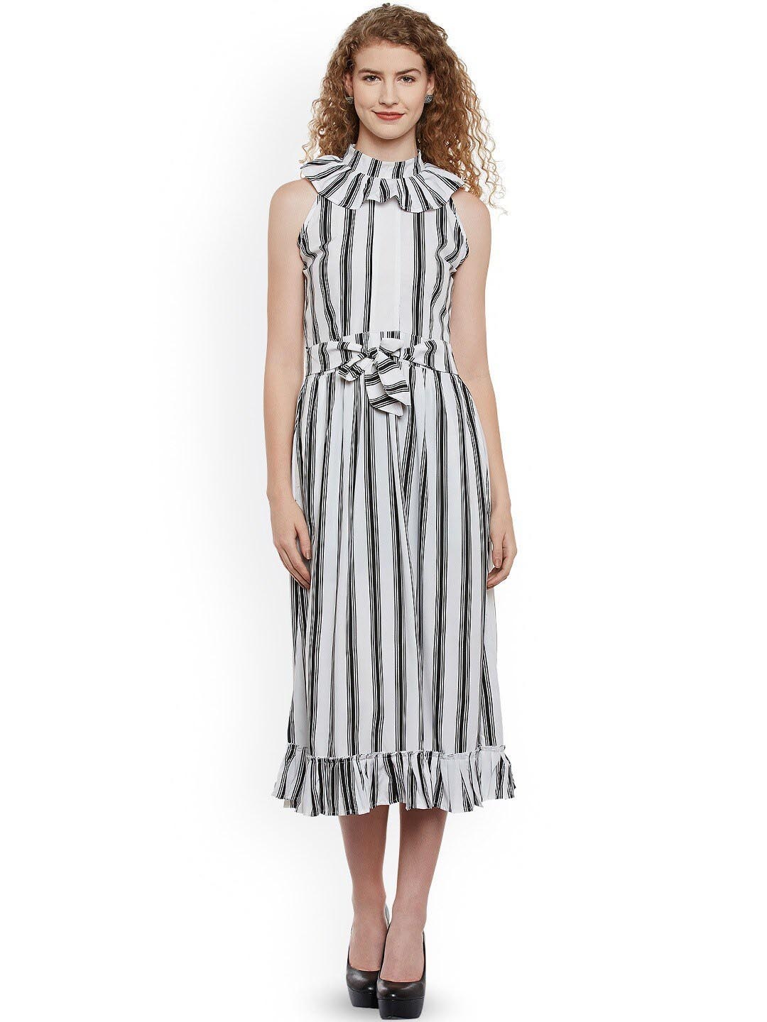 

BAESD Striped High Neck Ruffles Detailed Fit & Flare Midi Dress, White