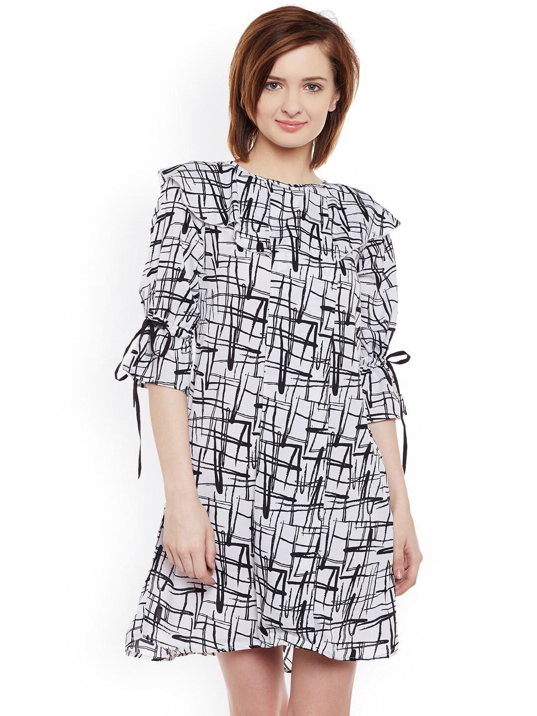 

BAESD Abstract Printed Puff Sleeves Ruffles A-Line Mini Dress, White