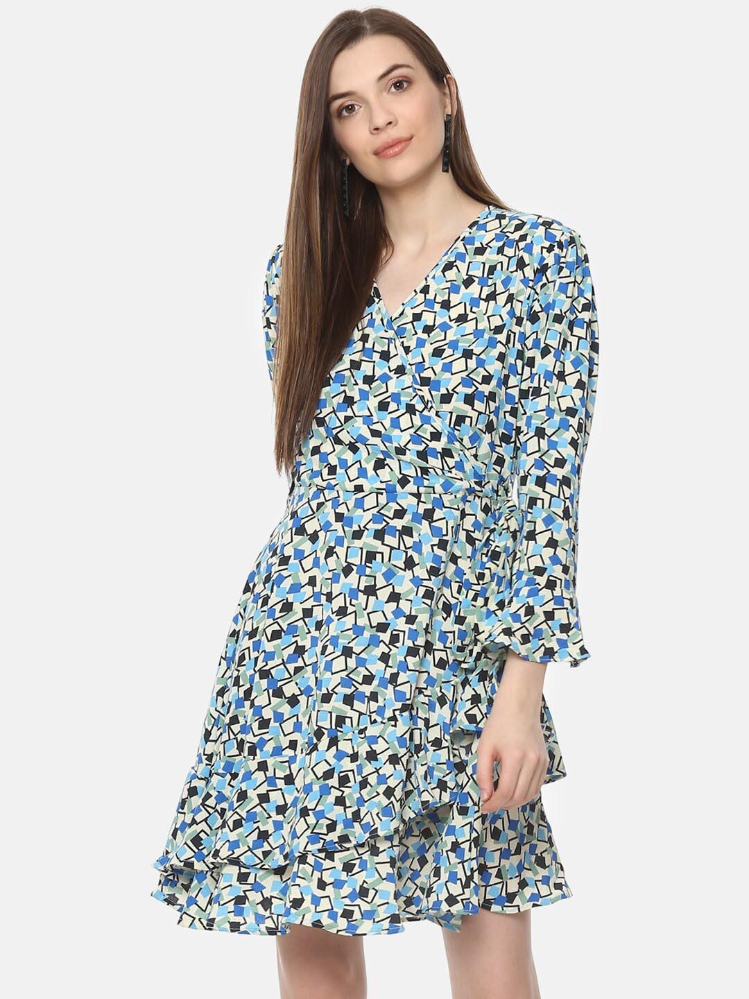 

BAESD Geometric Printed V-neck Bell Sleeves Ruffled A-Line Midi Dress, Blue