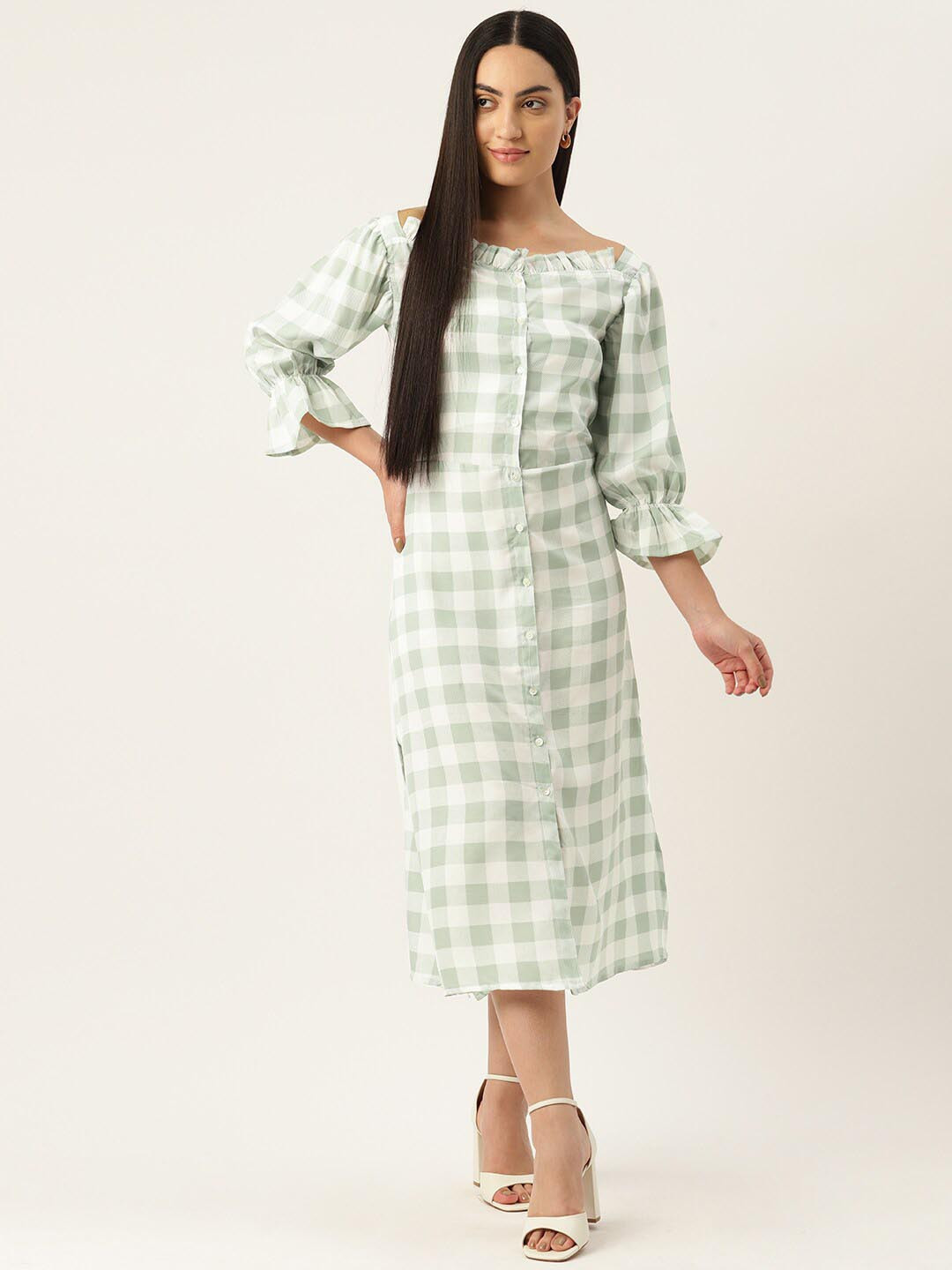 

BAESD Checked Bell Sleeves Ruffles Shirt Style Midi Dress, Green