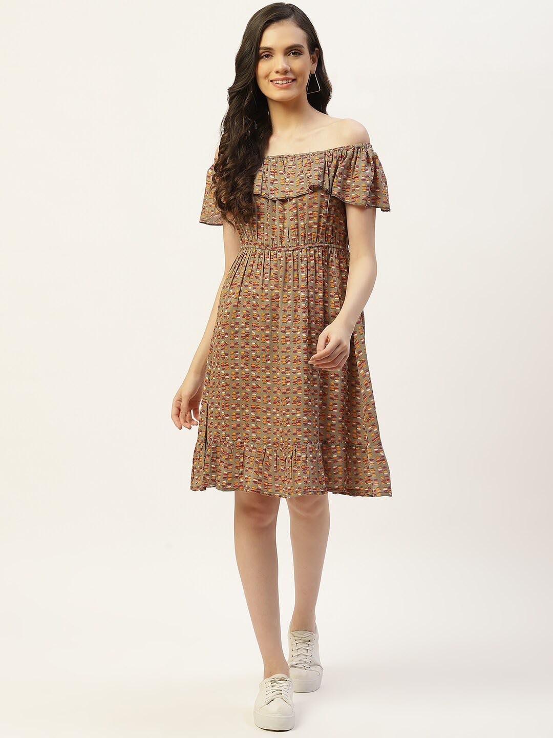 

BAESD Floral Printed Off-Shoulder Fit & Flare Knee Length Dress, Olive