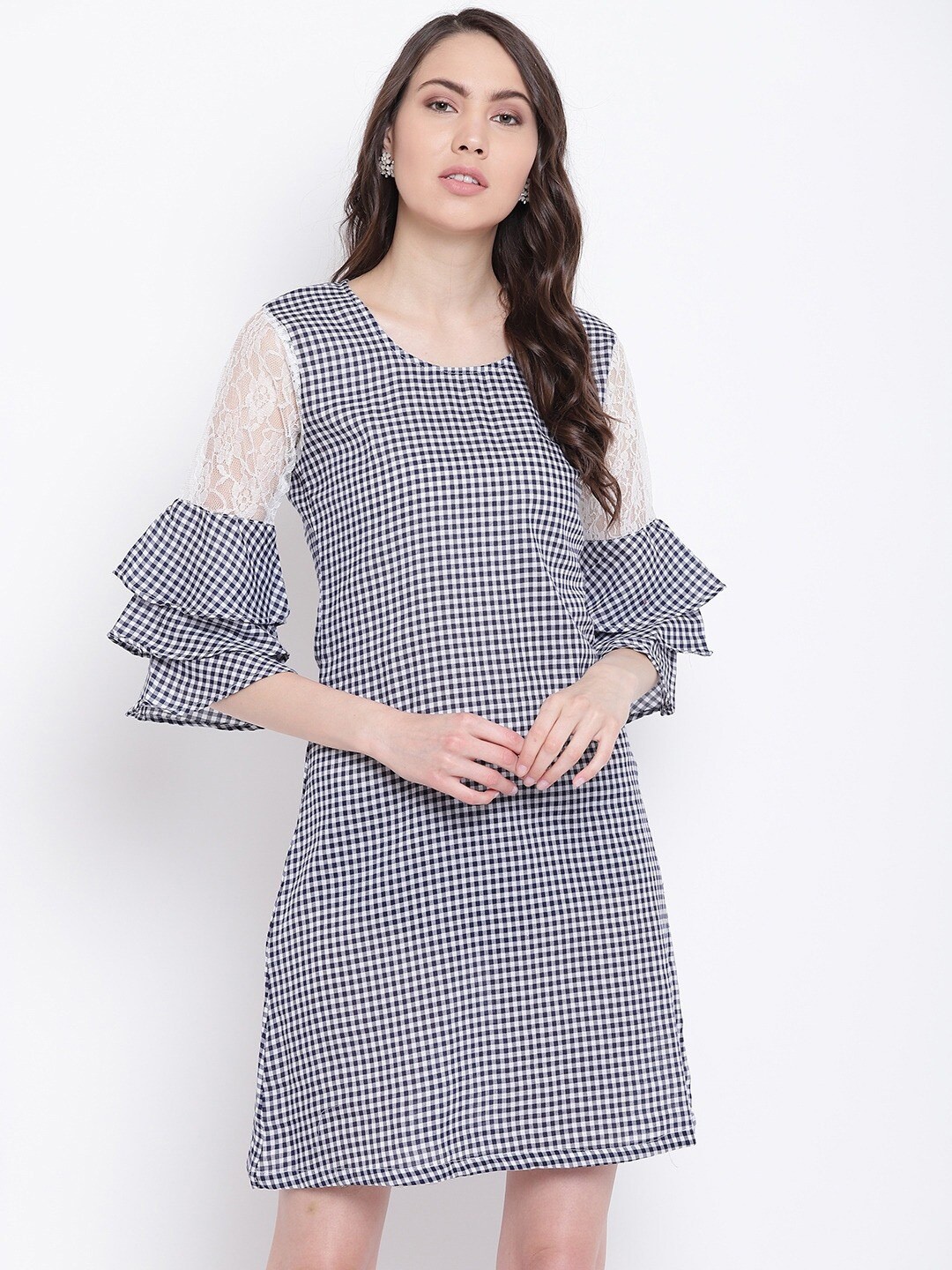 

BAESD Checked Bell Sleeves Crepe Sheath Midi Dress, Blue