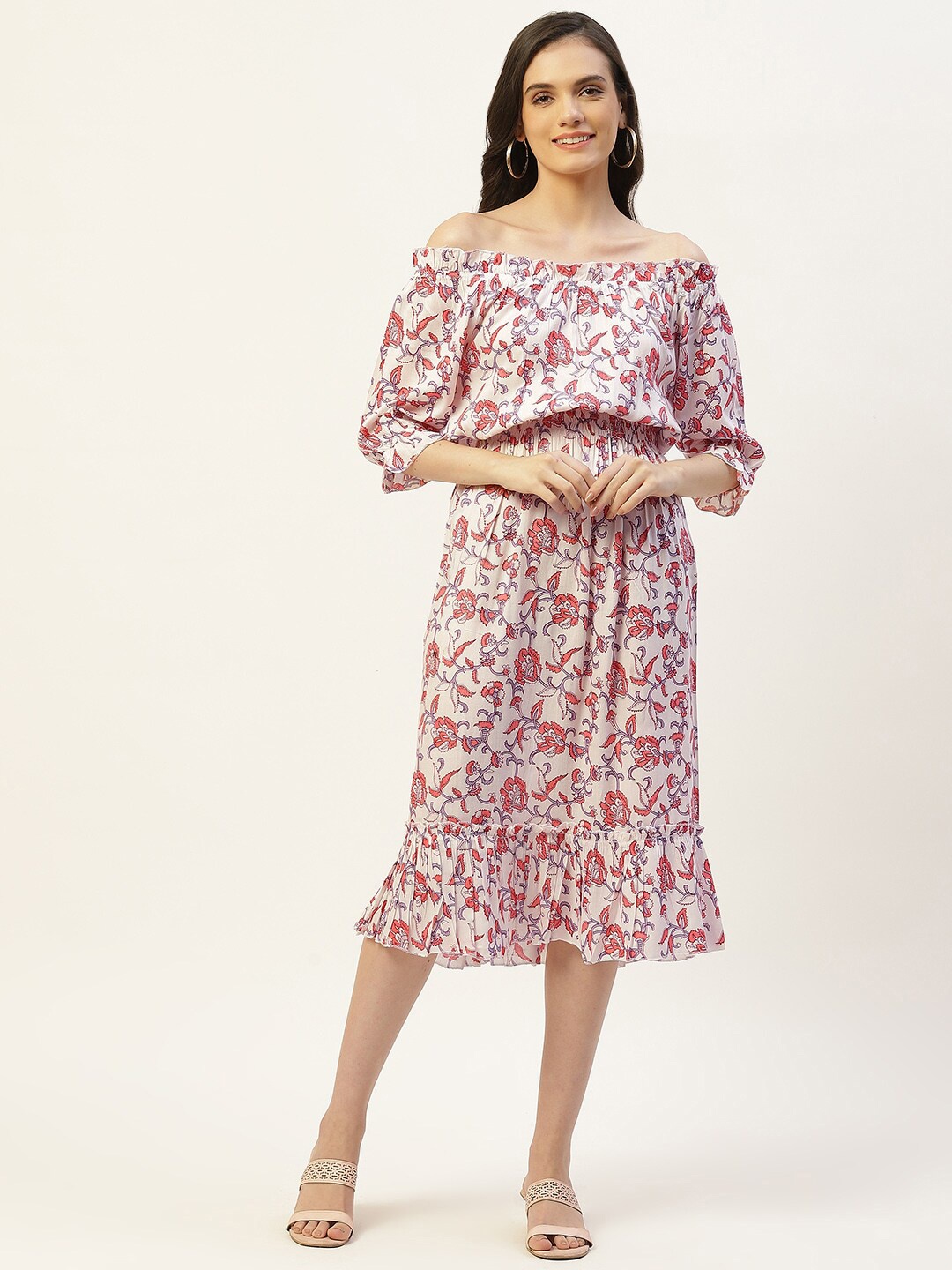 

BAESD Floral Printed Cuffed Sleeves Smocked Georgette A-Line Midi Dress, White