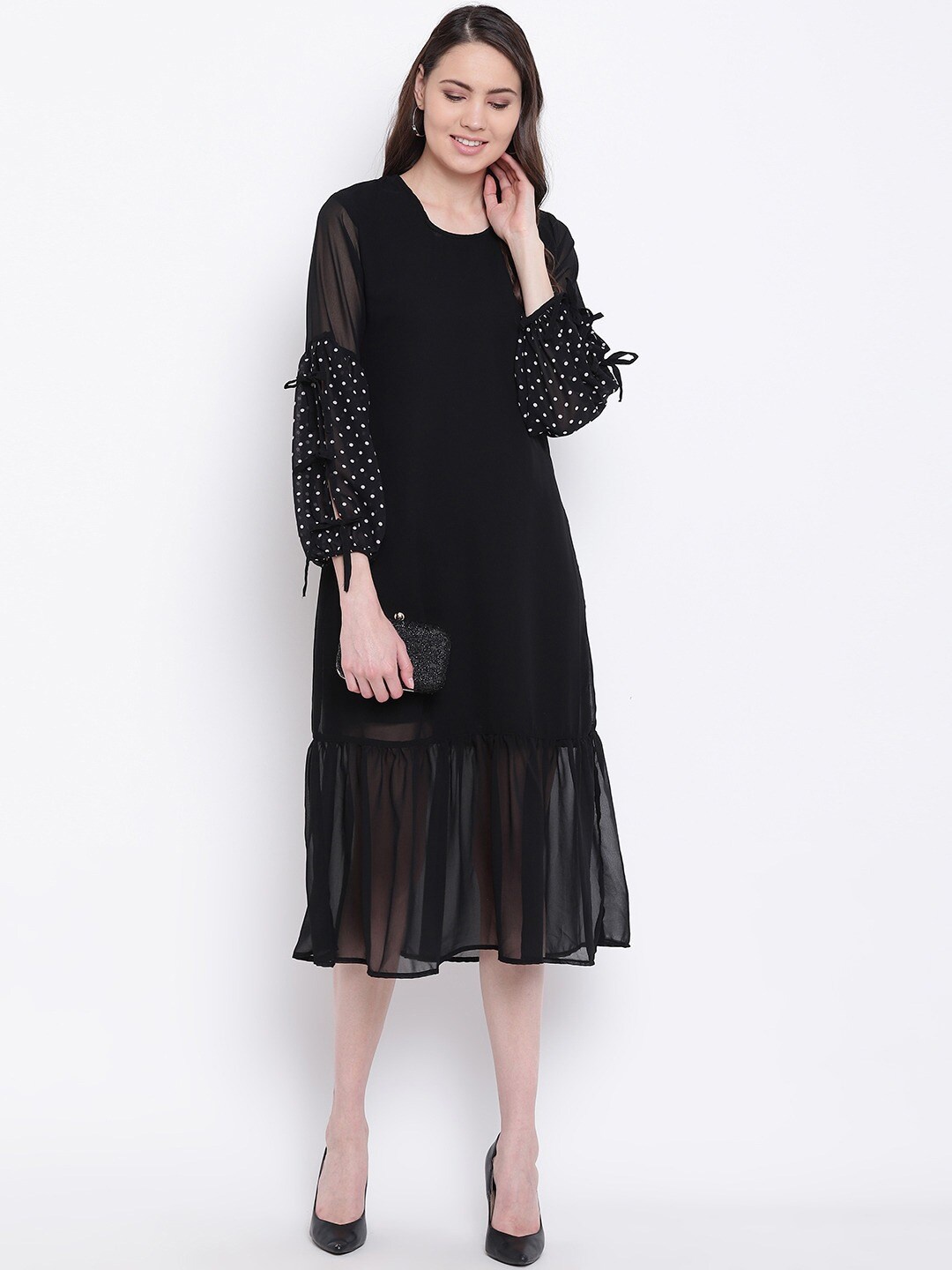

BAESD Georgette Puff Sleeves Flounce Hem A-Line Midi Dress, Black