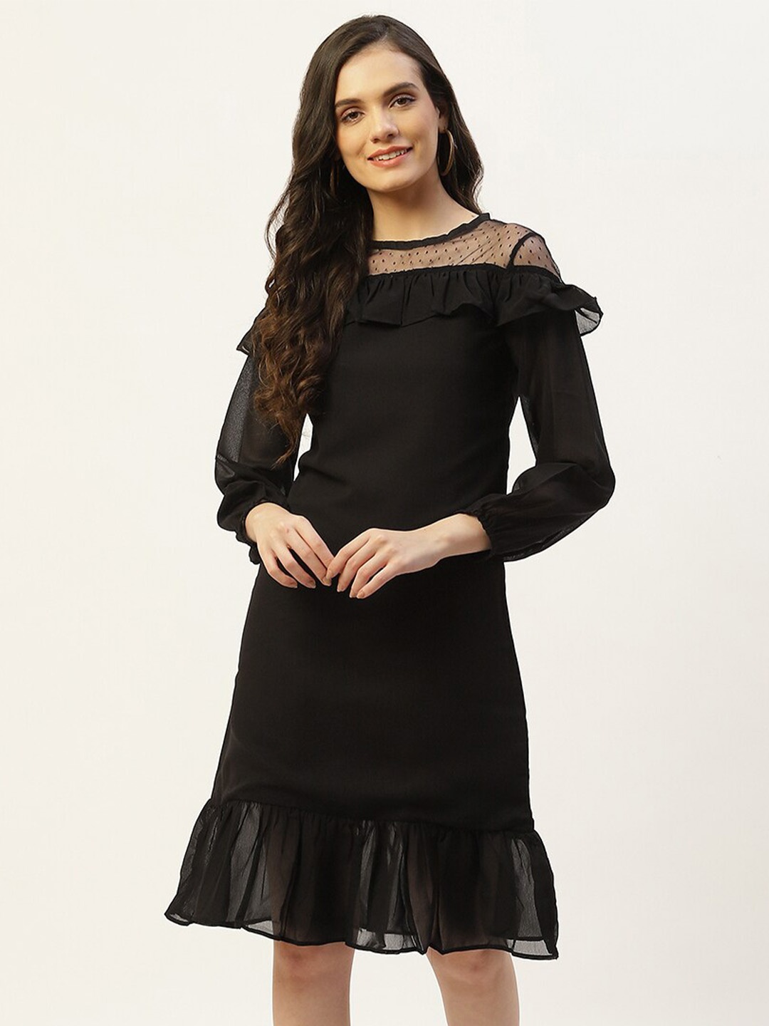

BAESD Puff Sleeves Ruffles & Tiered Georgette A-Line Dress, Black