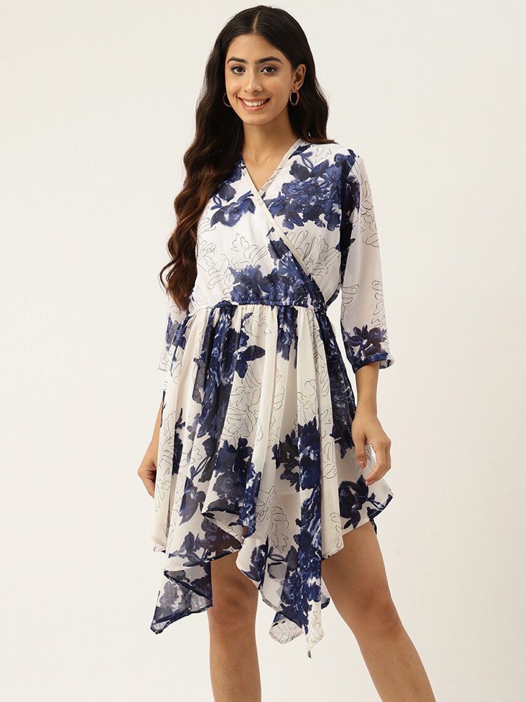 

BAESD Floral Printed V-Neck Georgette Pleated A-Line Midi Dress, White