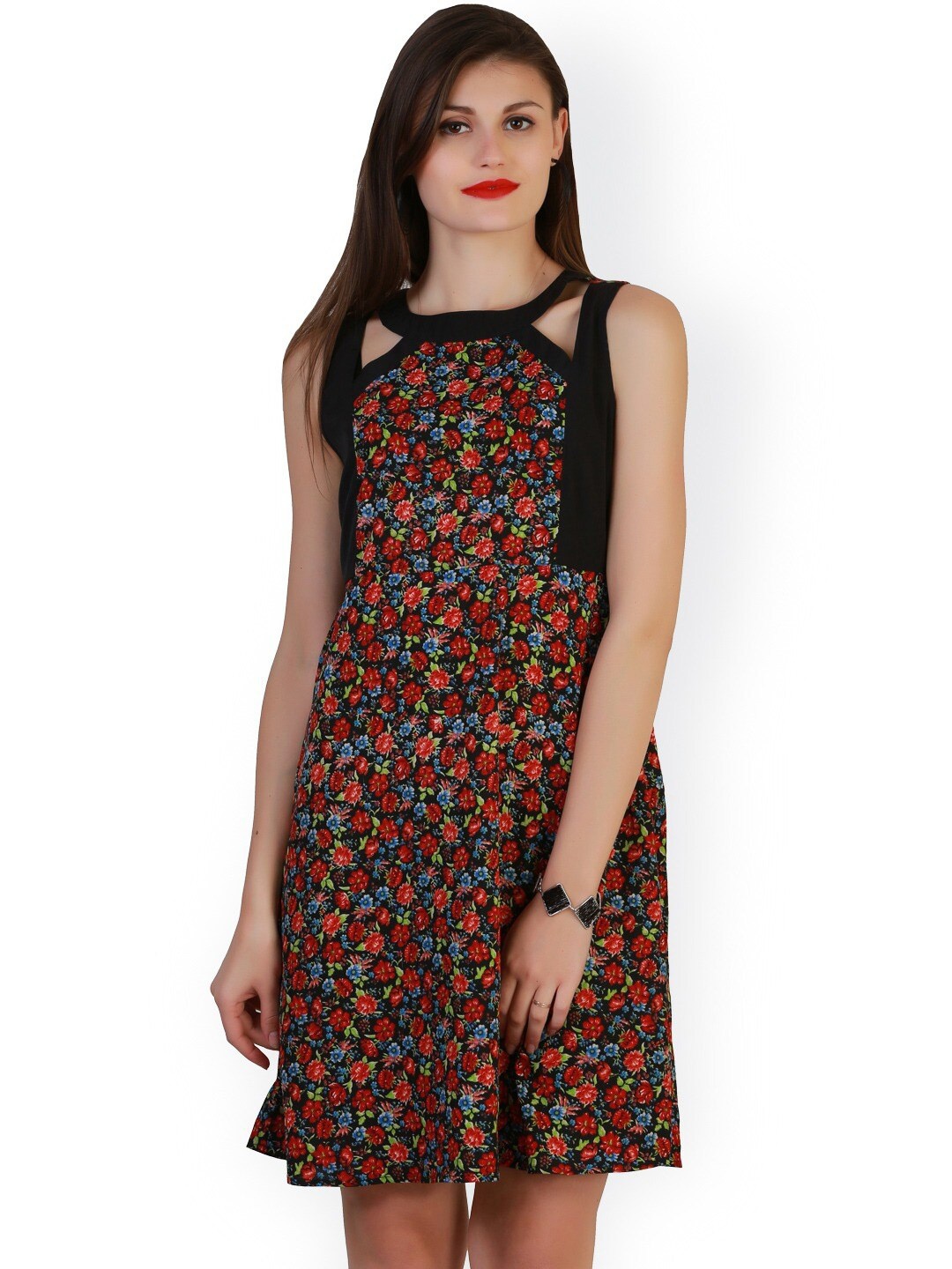 

BAESD Floral Printed Shoulder Strap A-Line Dress, Black