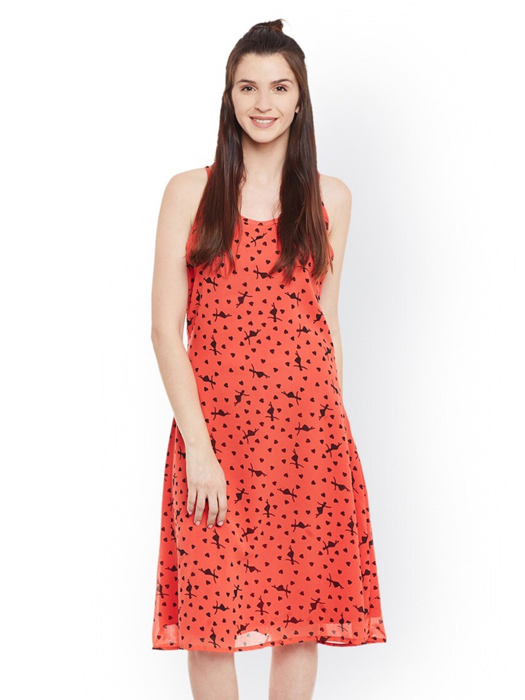 

BAESD Conversational Printed Shoulder Strap A-Line Dress, Coral