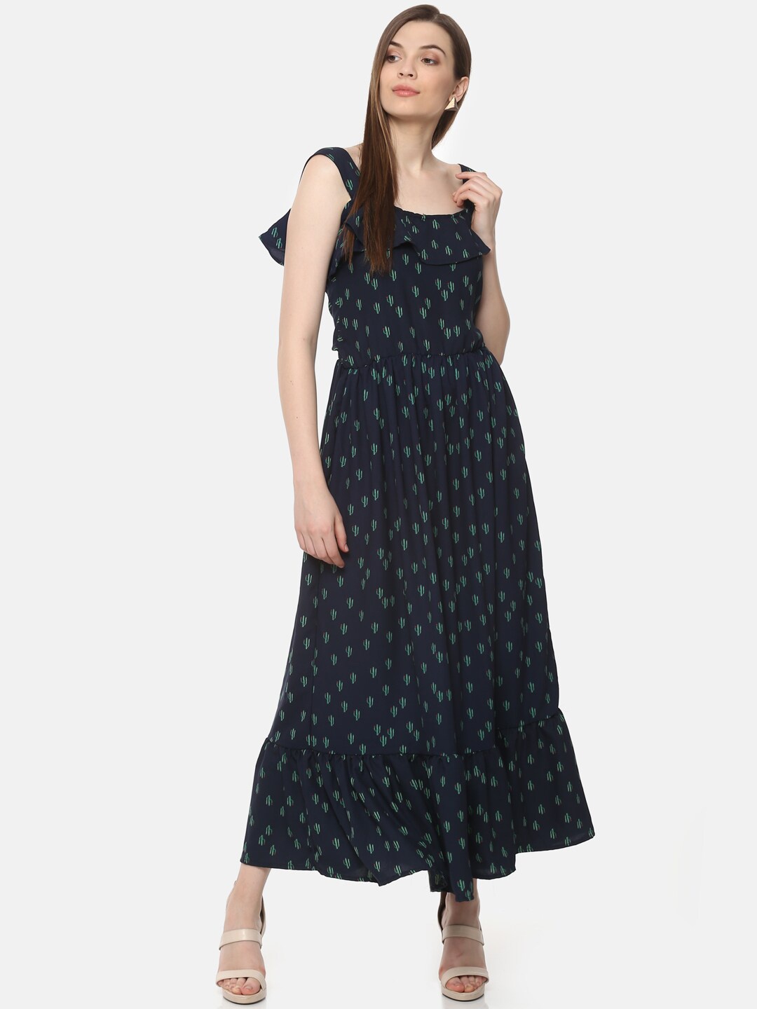 

BAESD Conversational Printed Ruffles Maxi Dress, Navy blue