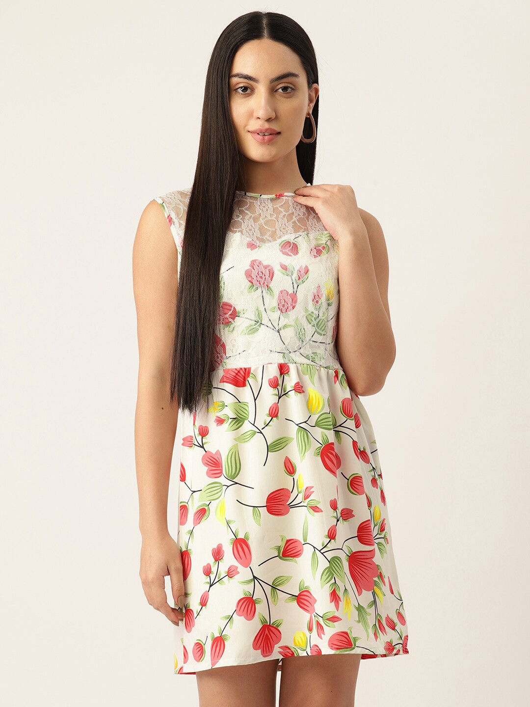 

BAESD Floral Printed Lace Inserts A-Line Dress, White