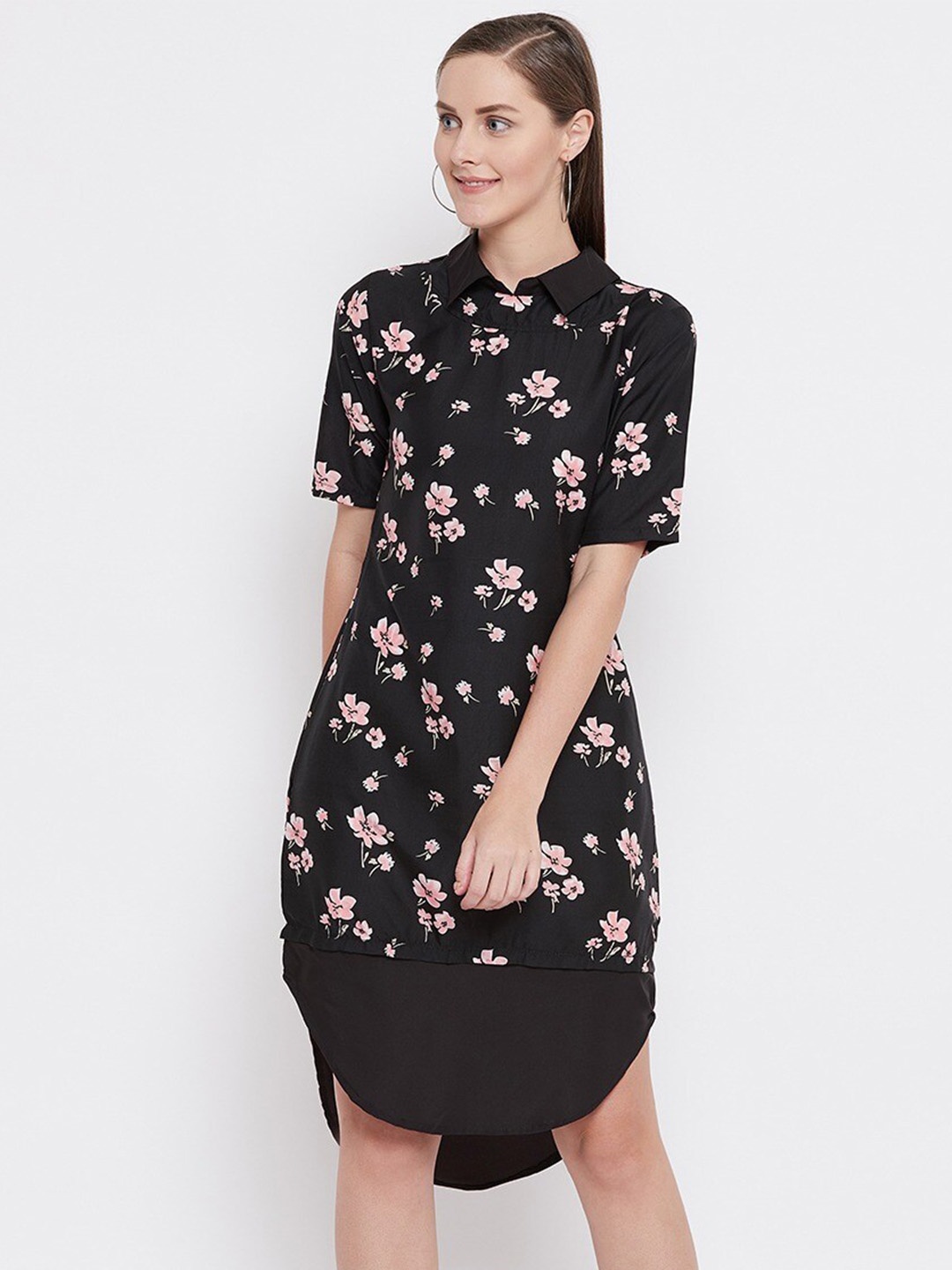 

BAESD Floral Printed Short Sleeves Shirt Dress, Black