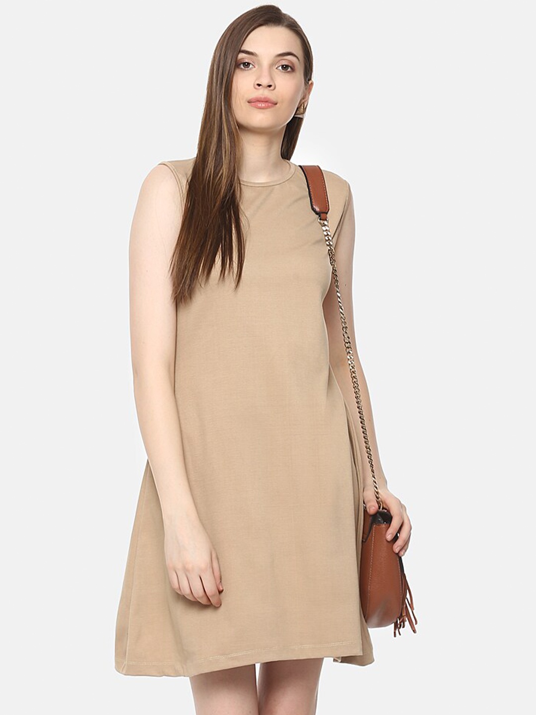 

BAESD Round Neck Sleeveless Cotton A Line Dress, Beige