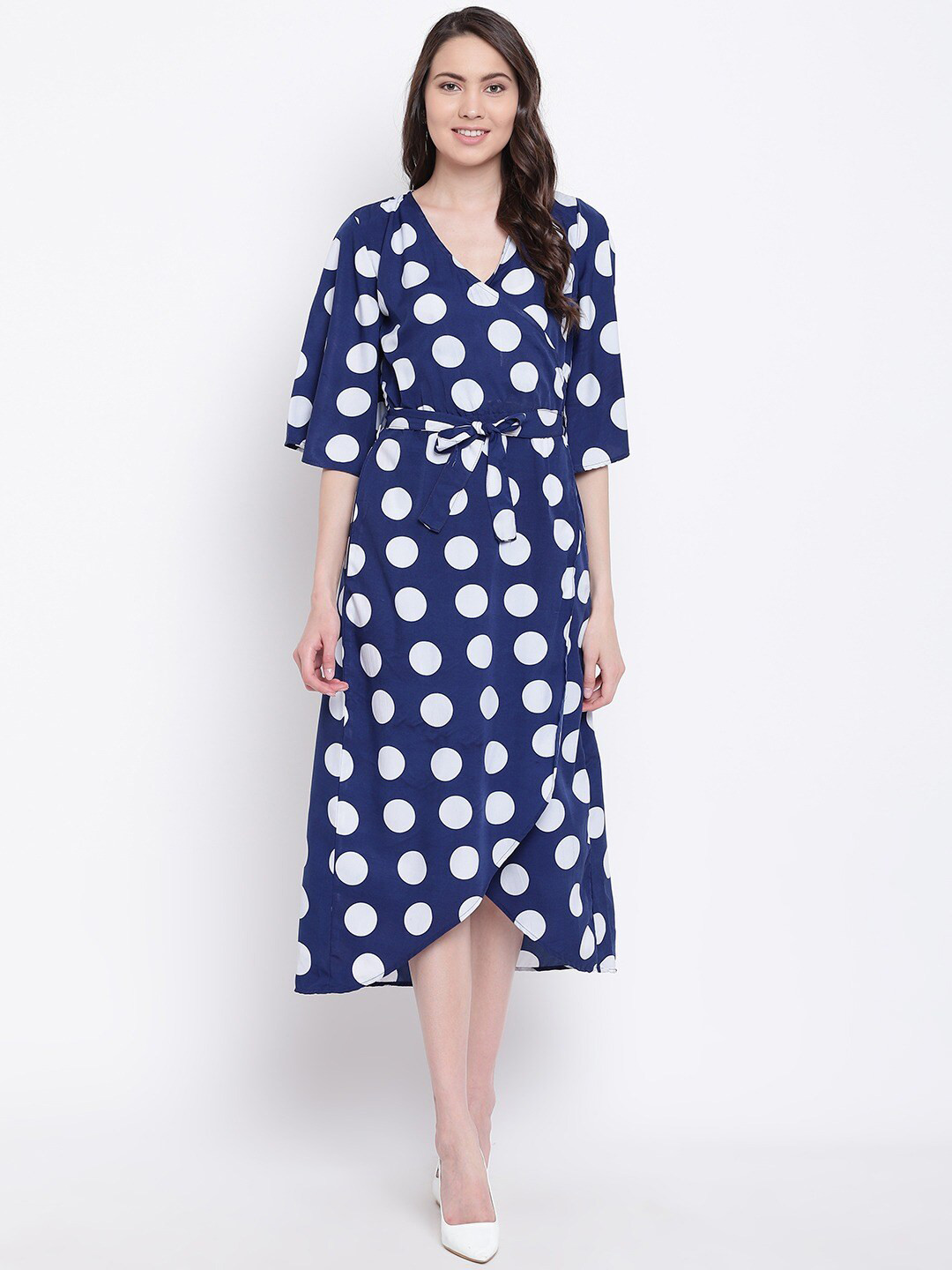 

BAESD Polka Dot Printed V-Neck Maxi Wrap Dress, Navy blue