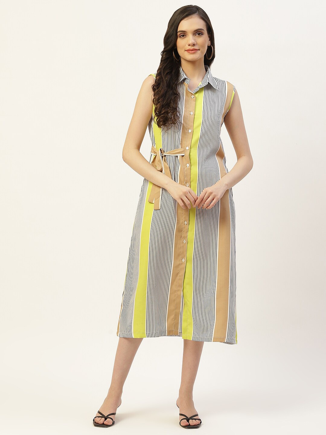 

BAESD Striped Shirt Collar Tie-Ups Detail Sleeveless Midi Shirt Dress, Yellow