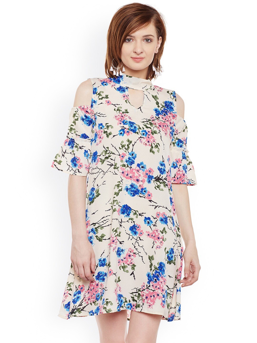 

BAESD Tropical Printed Cold-Shoulder Sleeves A-Line Mini Dress, Off white