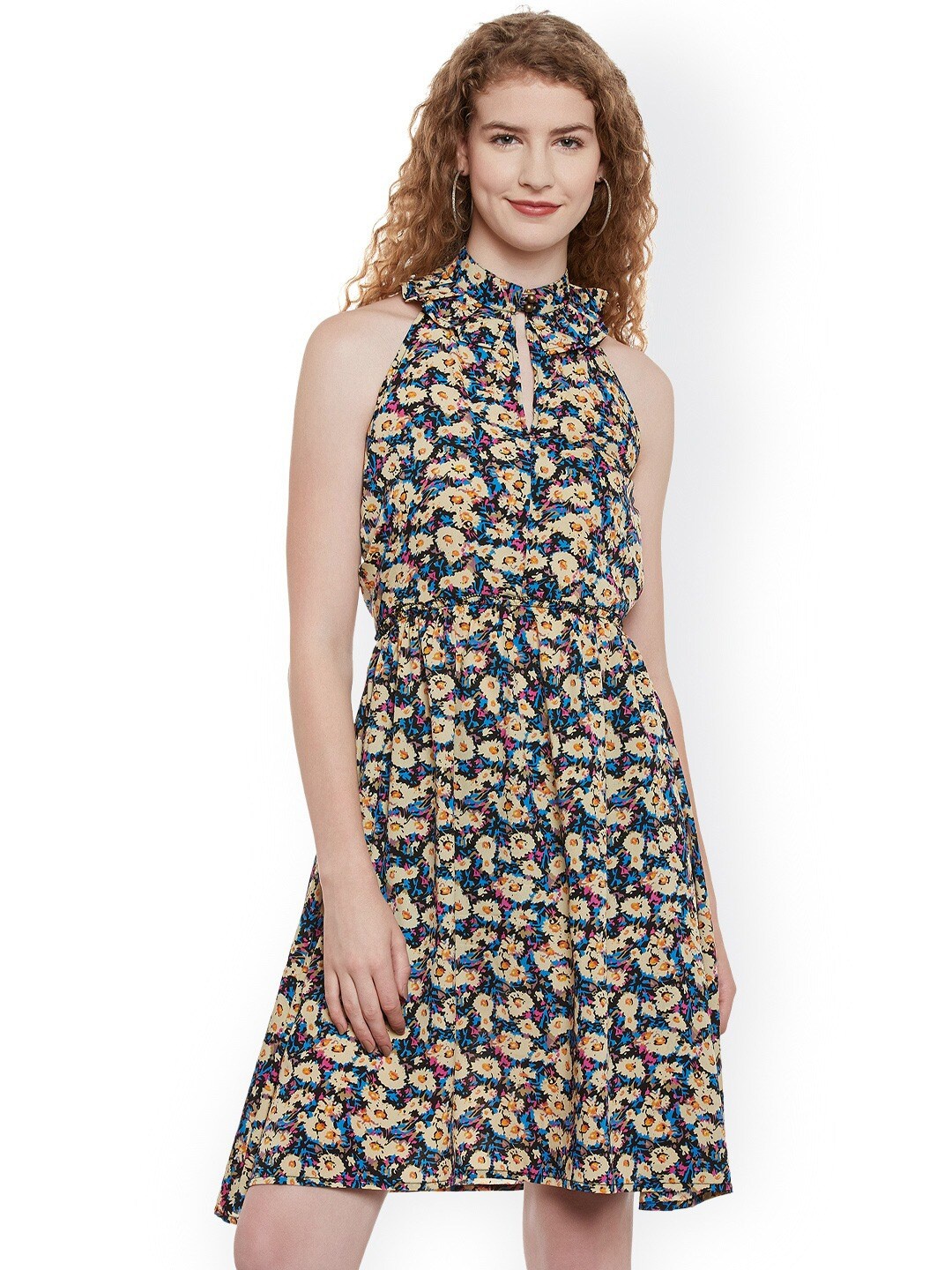 

BAESD Floral Printed Cut-Out Detailed Halter Neck Fit & Flare Dress, Blue