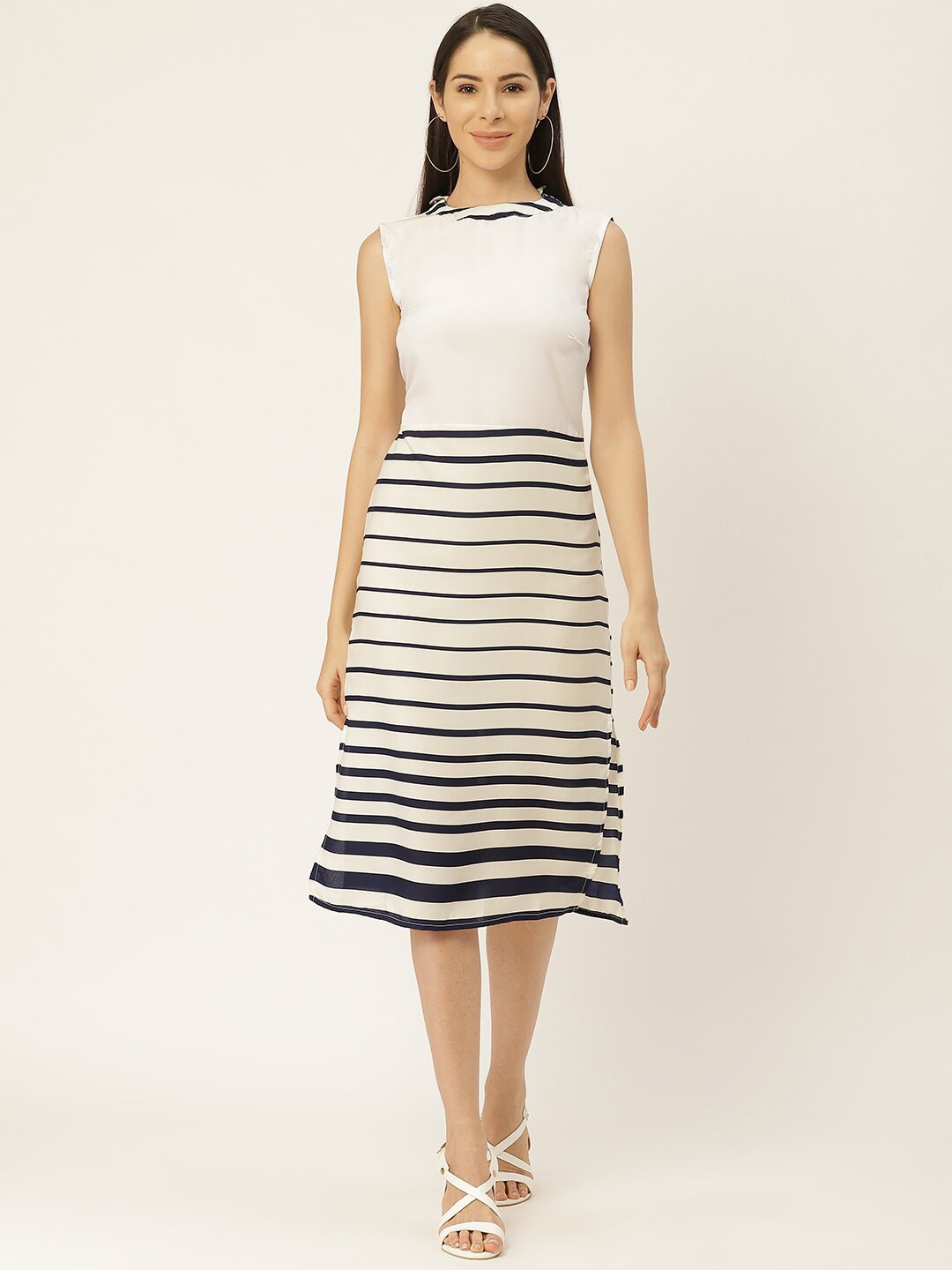 

BAESD Horizontal Striped Sleeveless A-Line Dress, White