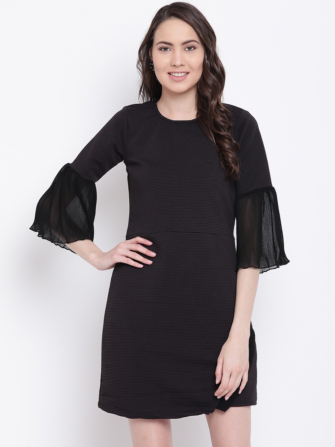 

BAESD Ribbed Bell Sleeves Sheath Dress, Black