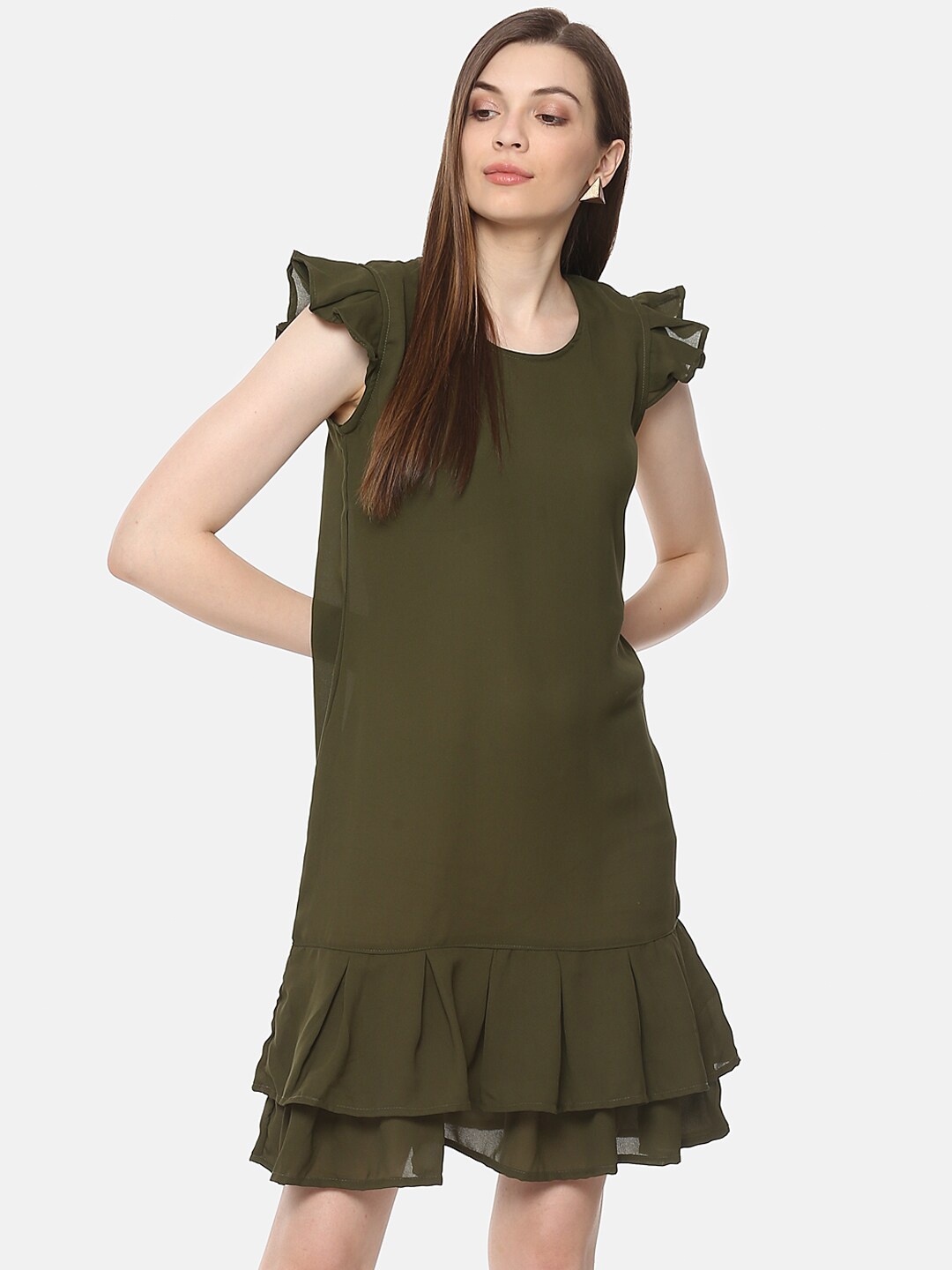 

BAESD Flutter Sleeves Gathered Detail Drop-Waist Dress, Olive